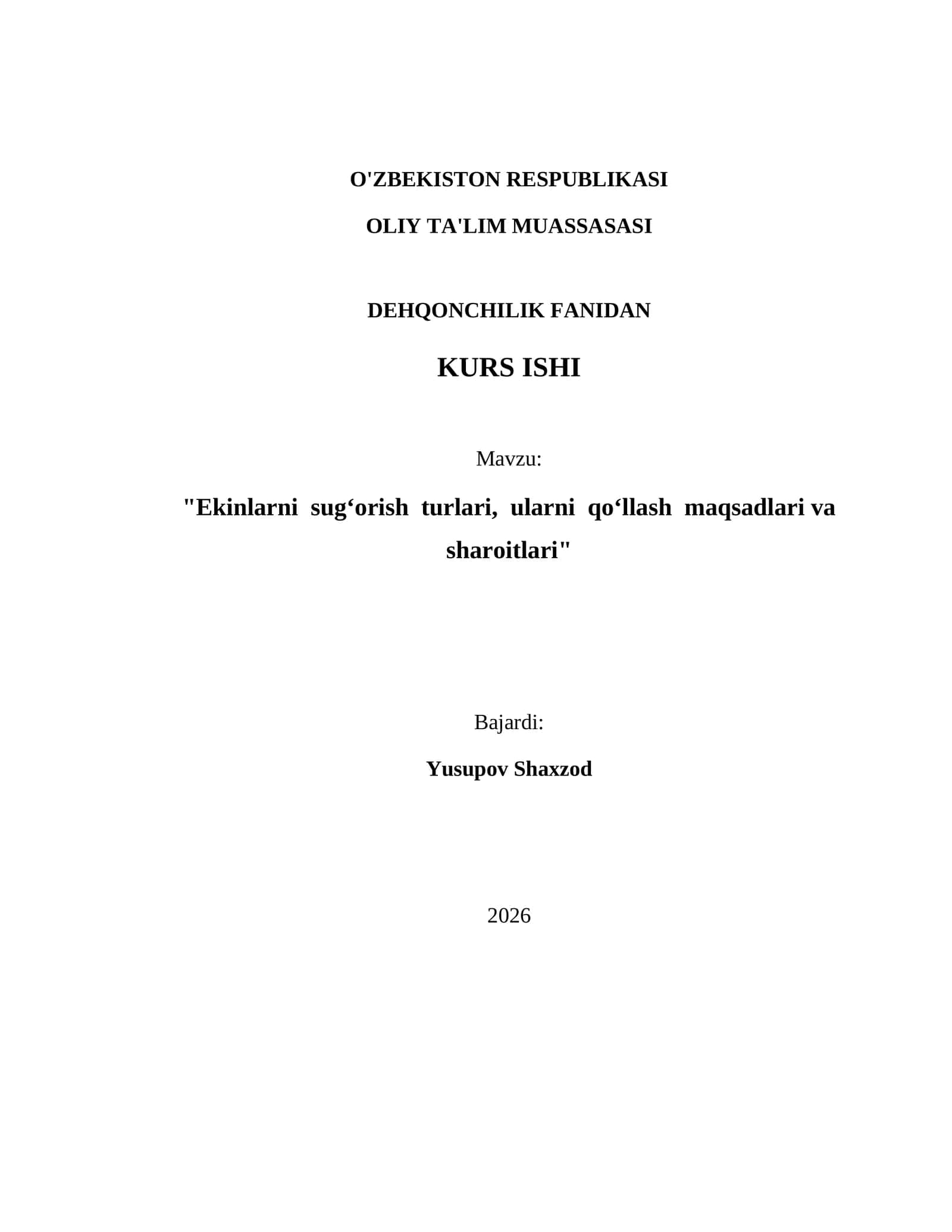 Ekinlarni sug‘orish turlari, ularni qo‘llash maqsadlari va sharoitlari
