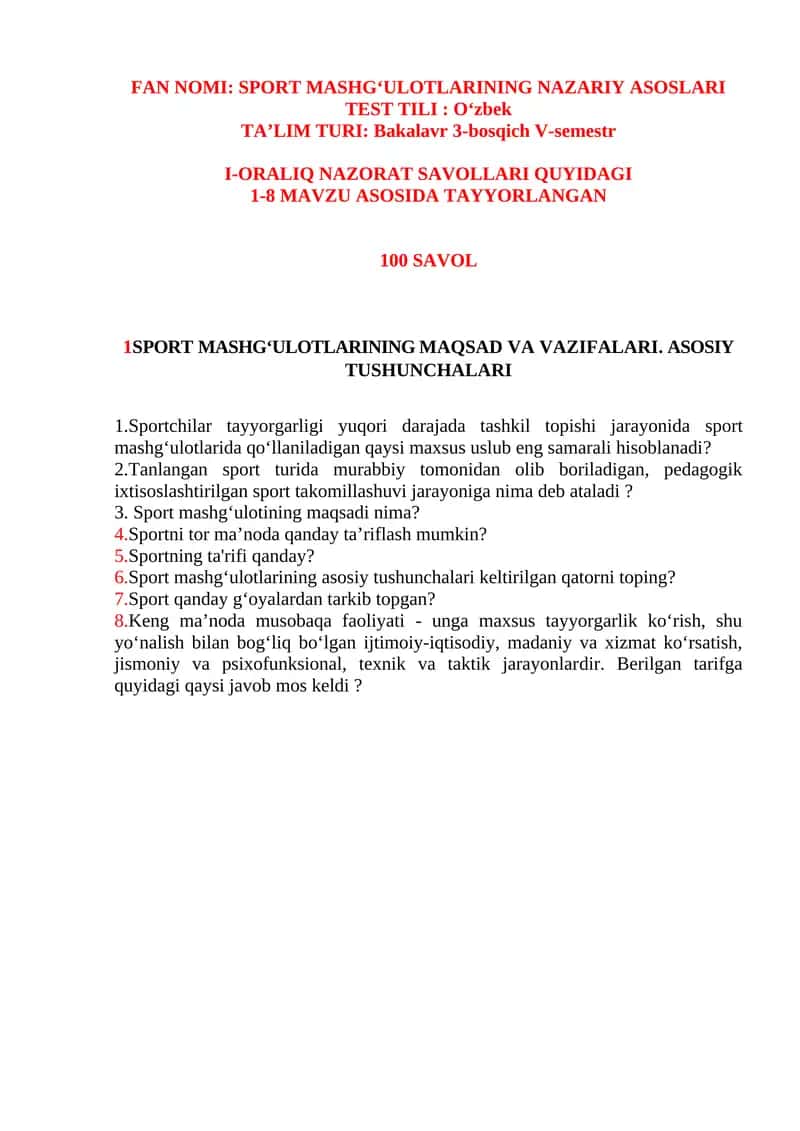 SPORT MASHGʻULOTLARINING NAZARIY ASOSLARI