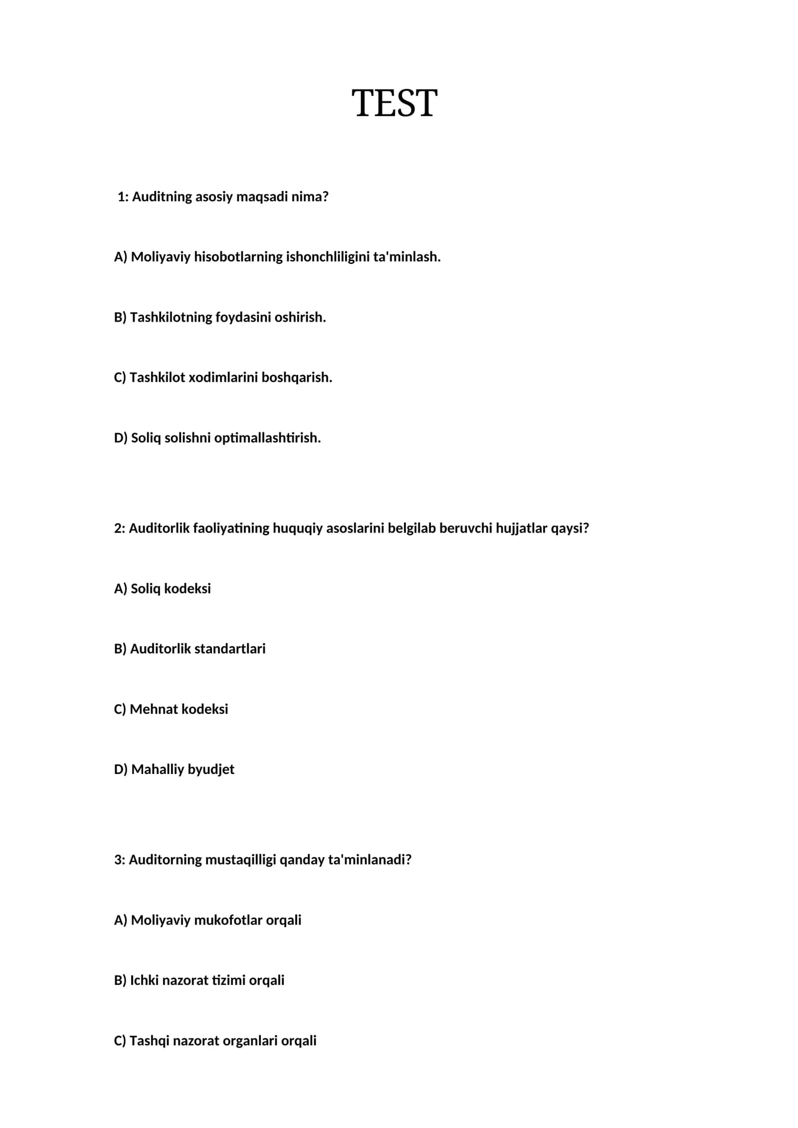 TEST Audit va audit faoliyati KRASVORD SAVOL VA JAVOBLARI
