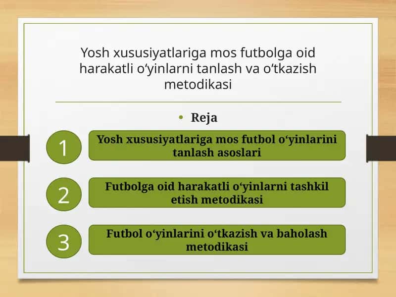 Yosh xususiyatlariga mos futbolga oid harakatli o‘yinlarni tanlash va o‘tkazish metodikasijis