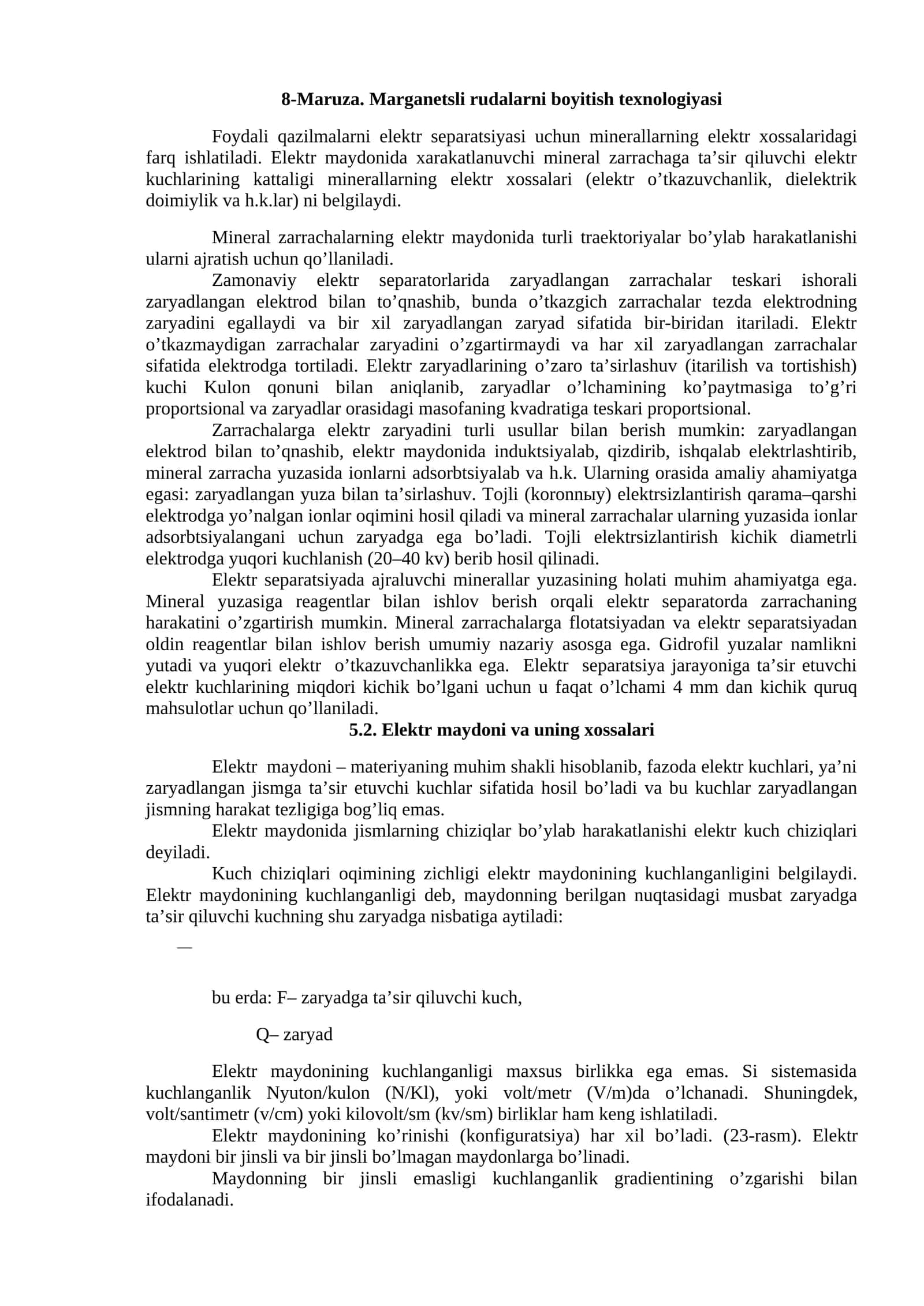 8-Maruza. Marganetsli rudalarni boyitish texnologiyasi