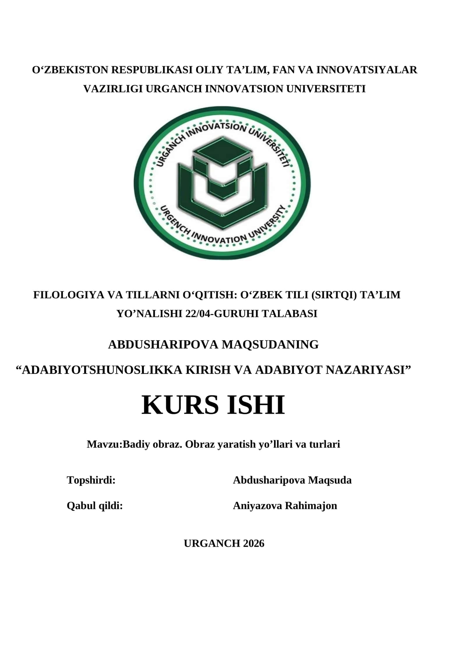 Badiy obraz. Obraz yaratish yo’llari va turlari