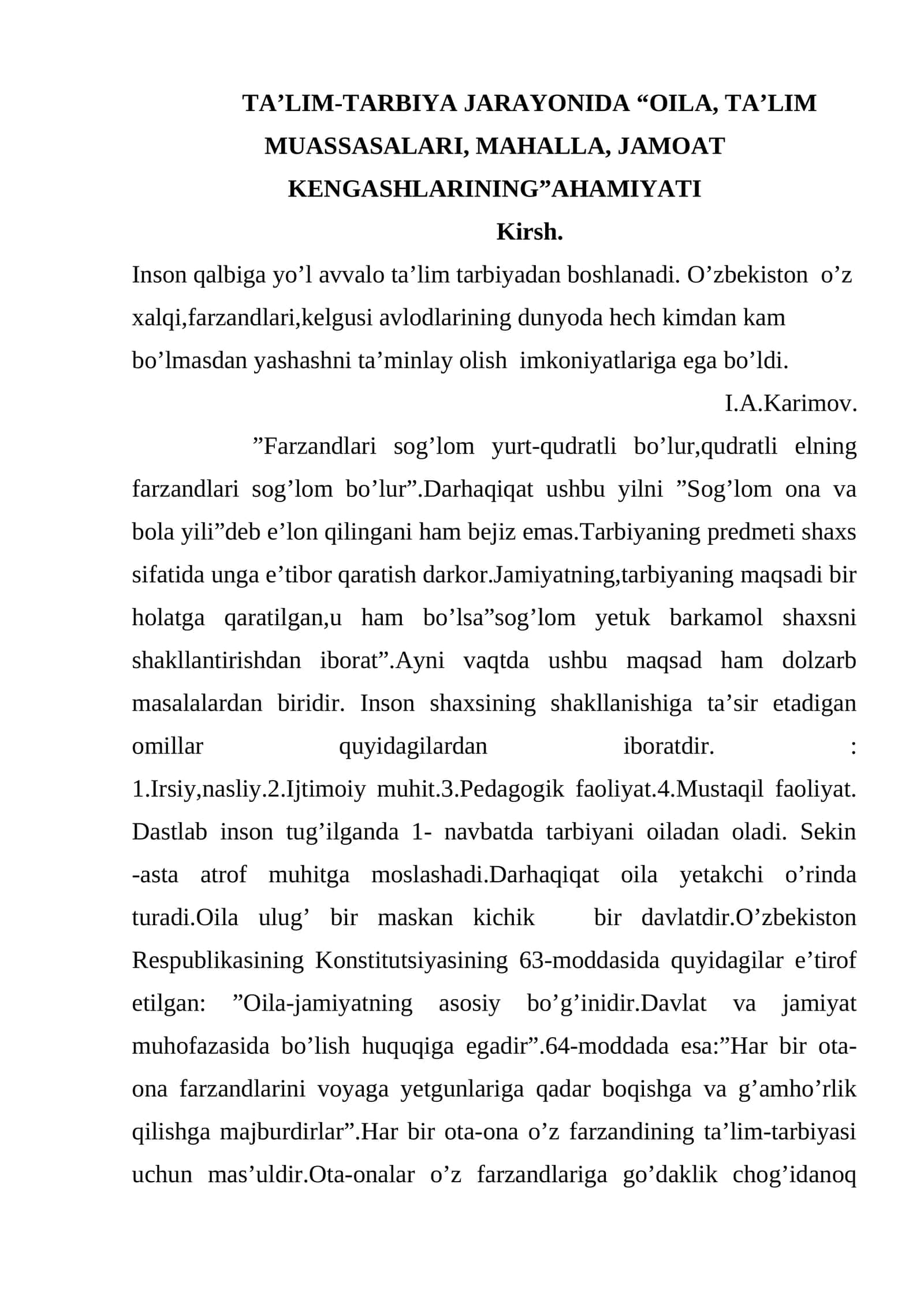TA’LIM-TARBIYA JARAYONIDA “OILA, TA’LIM MUASSASALARI, MAHALLA, JAMOAT KENGASHLARINING”AHAMIYATI