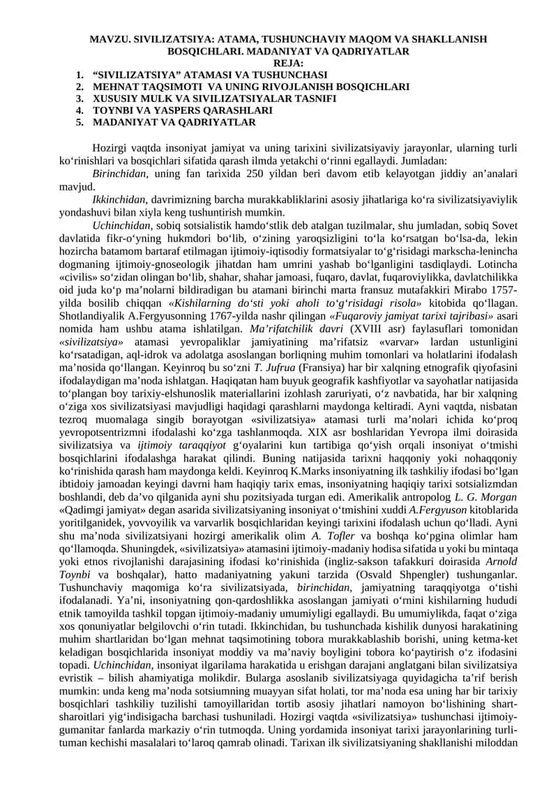 SIVILIZATSIYA: ATAMA, TUSHUNCHAVIY MAQOM VA SHAKLLANISH BOSQICHLARI. MADANIYAT VA QADRIYATLAR