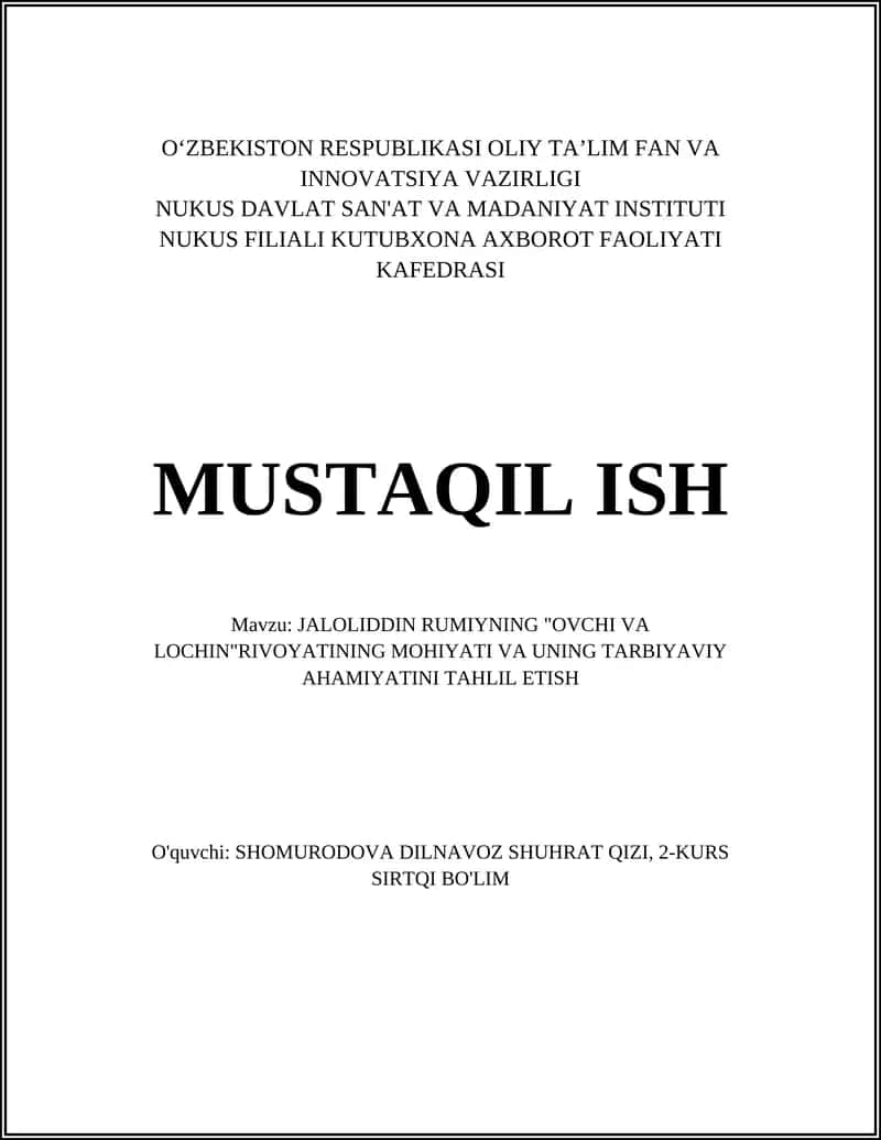 JALOLIDDIN RUMIYNING "OVCHI VA LOCHIN" RIVOYATINING MOHIYATI VA UNING TARBIYAVIY AHAMIYATINI TAHLIL ETISH