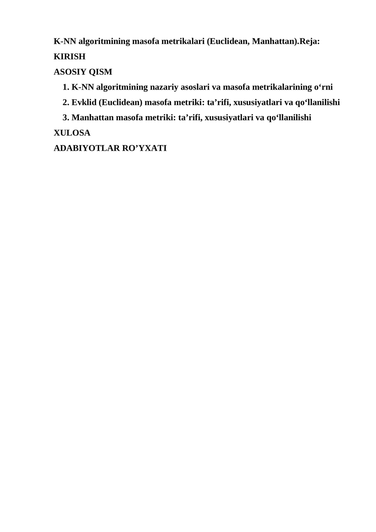 K-NN algoritmining masofa metrikalari (Euclidean, Manhattan)