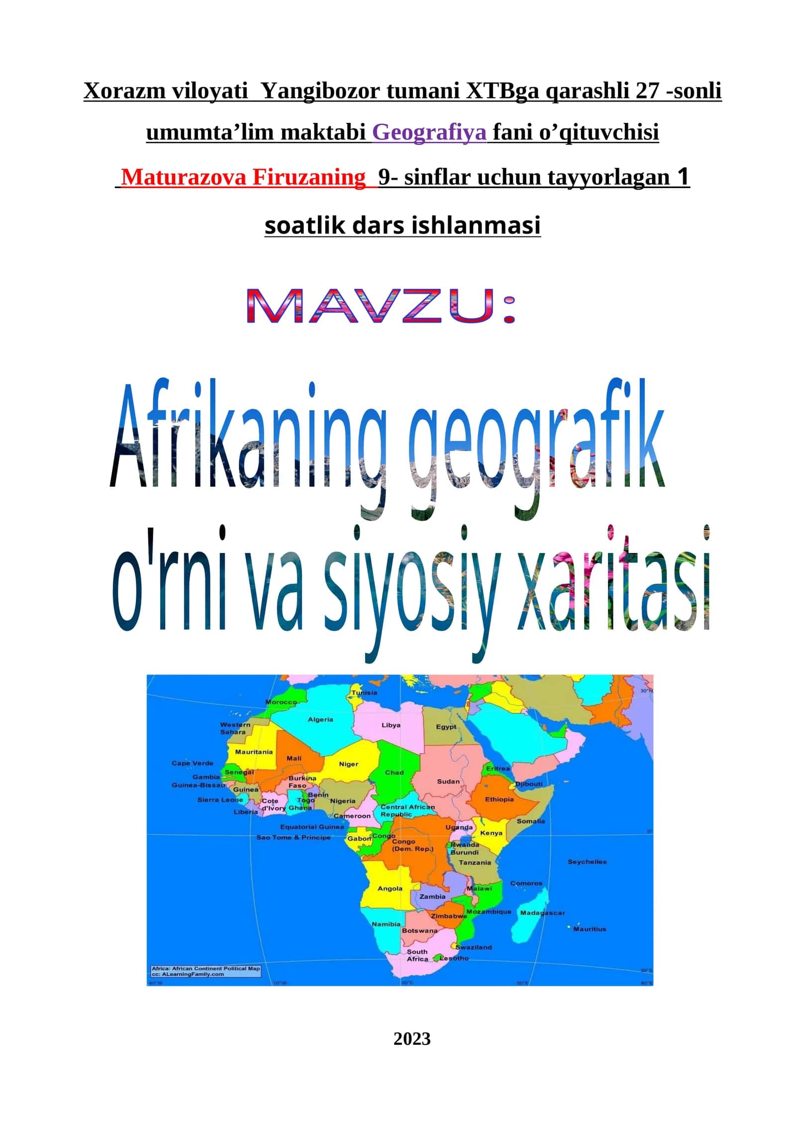 9-sinf Geografiya fanidan Afrikaning geografik o'rni va siyosiy xaritasi ochiq dars ishlanma