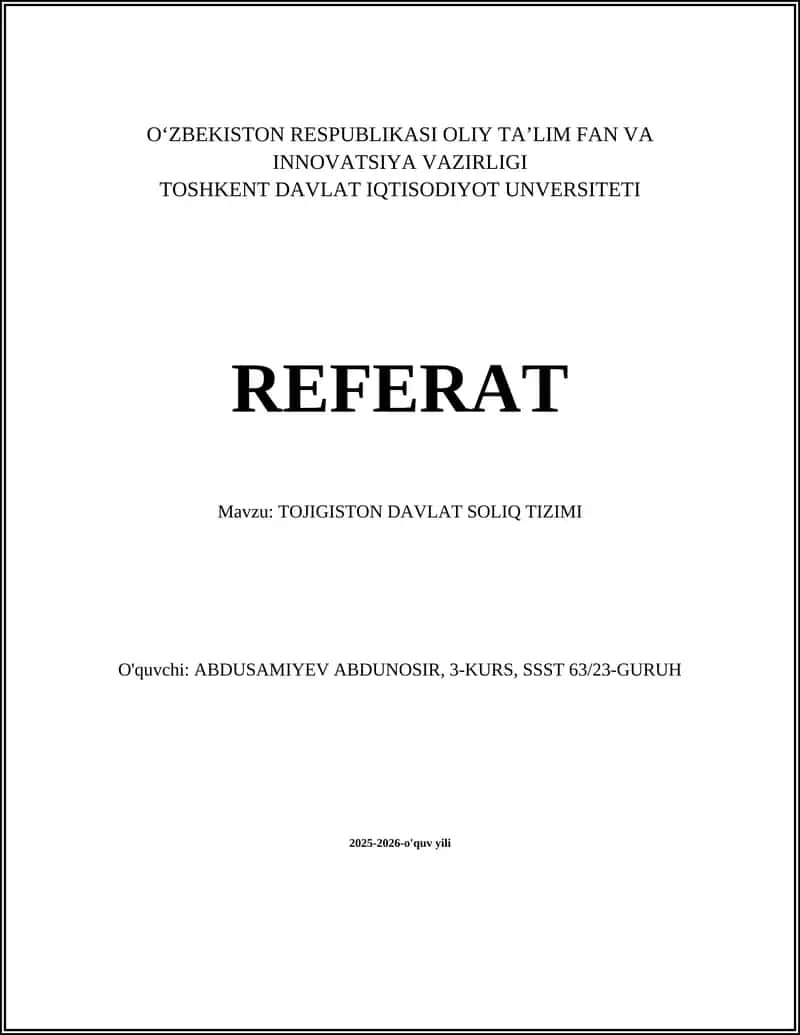 Tojikiston Davlat Soliq Tizimi Referat