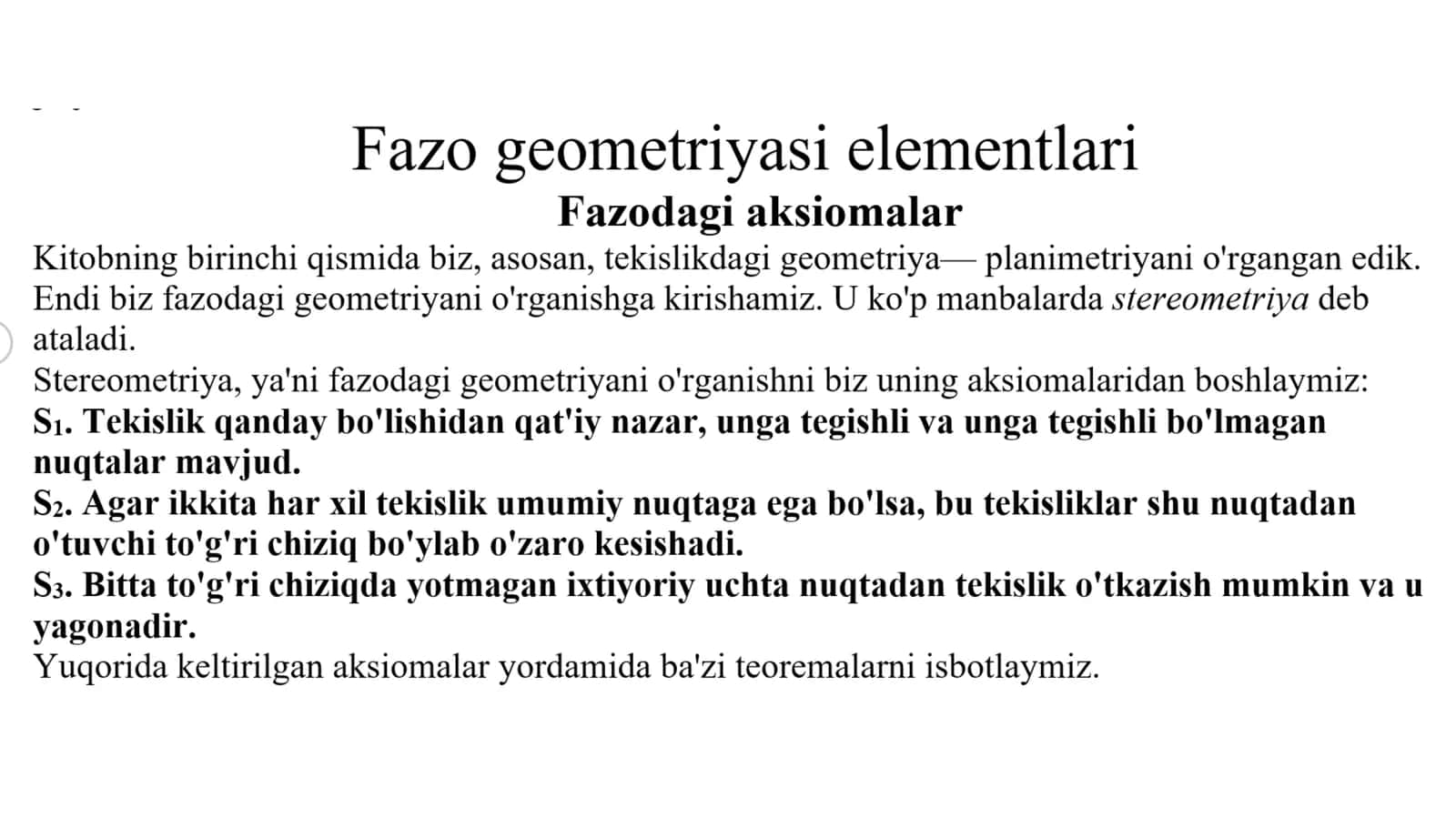 Geometriya elementlarini o'qitish