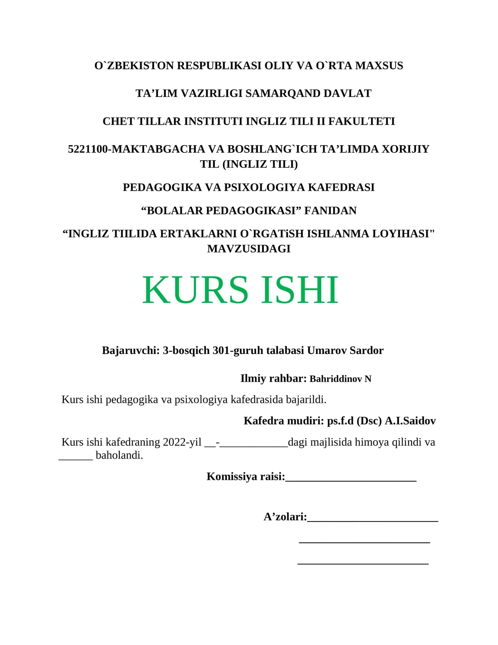 "INGLIZ TIILIDA ERTAKLARNI O`RGATiSH ISHLANMA LOYIHASI"