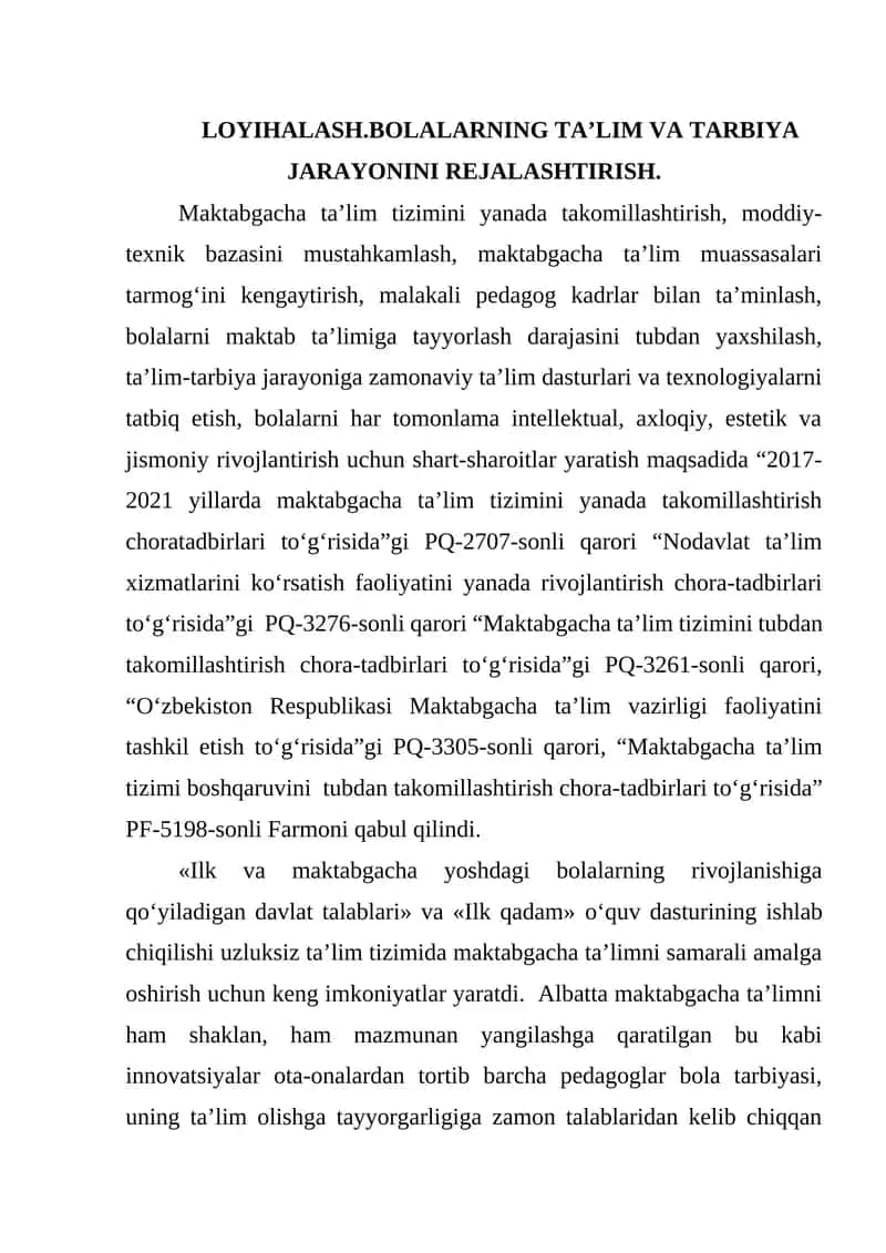 Loyihalash Bolalarning taʼlim va tarbiya jarayonini rejalashtirish