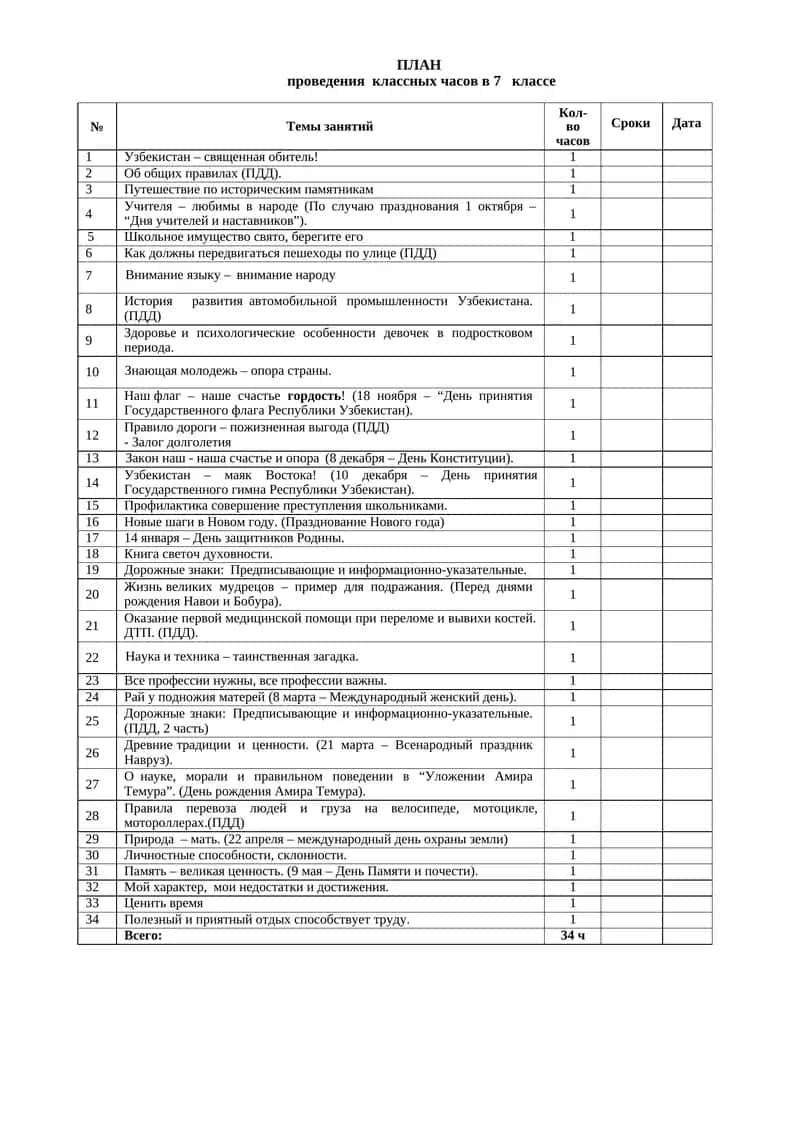 ПЛАН проведения классных часов в 7 классе