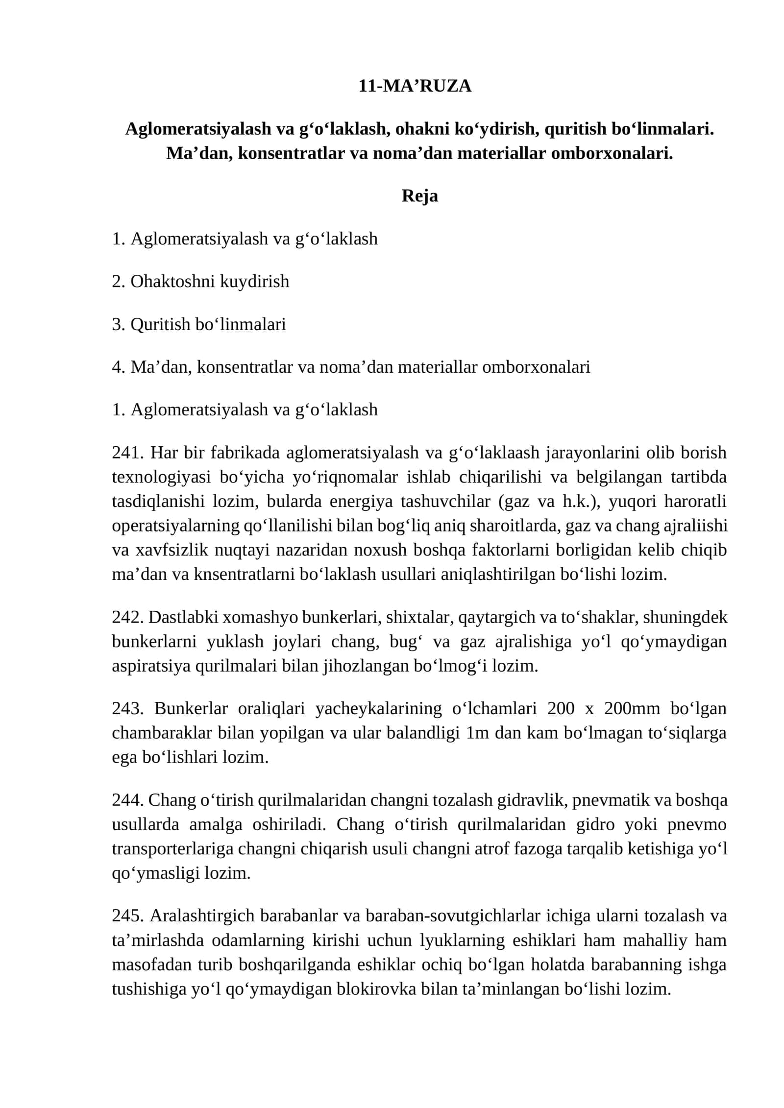 MA’RUZA Aglomeratsiyalash va g‘o‘laklash