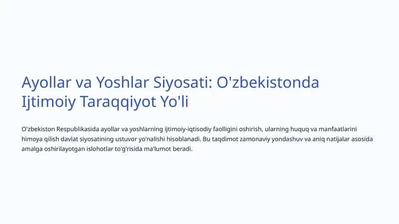 Ayollar va Yoshlar Siyosati: O'zbekistonda Ijtimoiy Taraqqiyot Yo'li