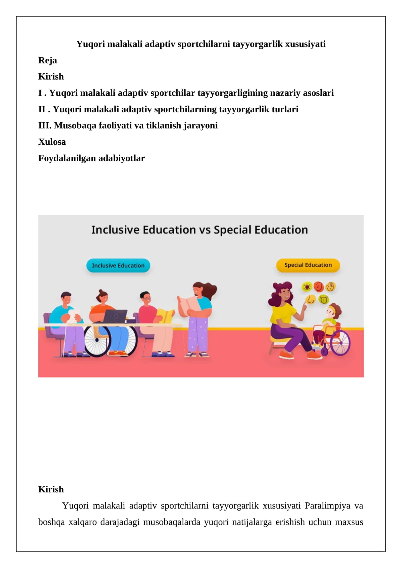 Yuqori malakali adaptiv sportchilarni tayyorgarlik xususiyati
