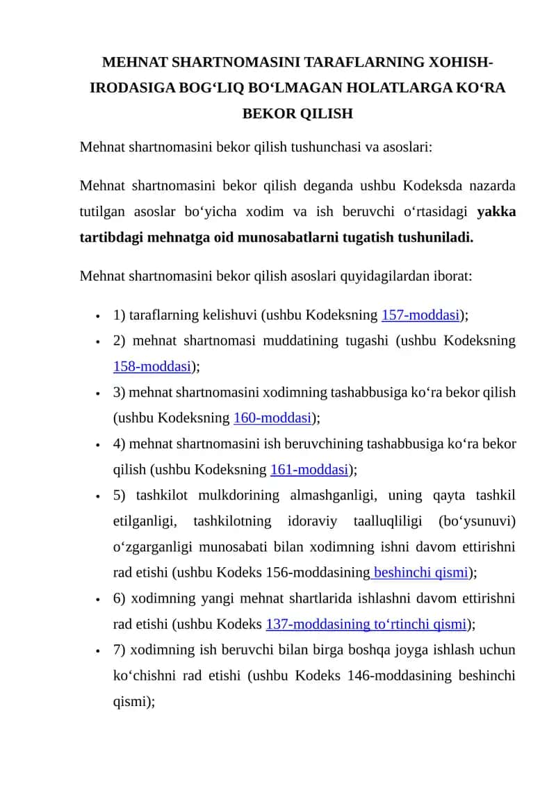 MEHNAT SHARTNOMASINI TARAFLARNING XOHISH-IRODASIGA BOG‘LIQ BO‘LMAGAN HOLATLARGA KO‘RA BEKOR QILISH