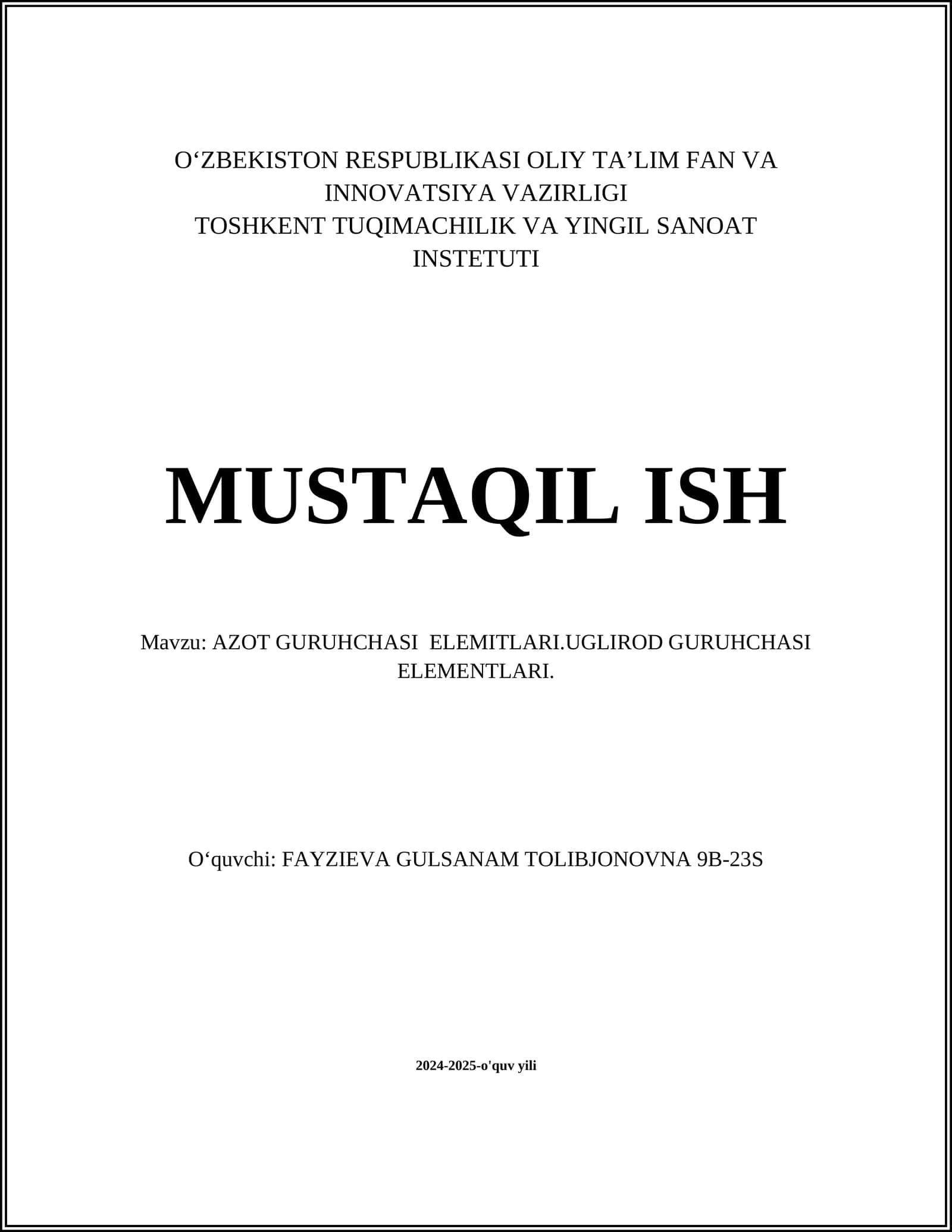 AZOT GURUHCHASI ELEMITLARI.UGLIROD GURUHCHASI ELEMENTLARI