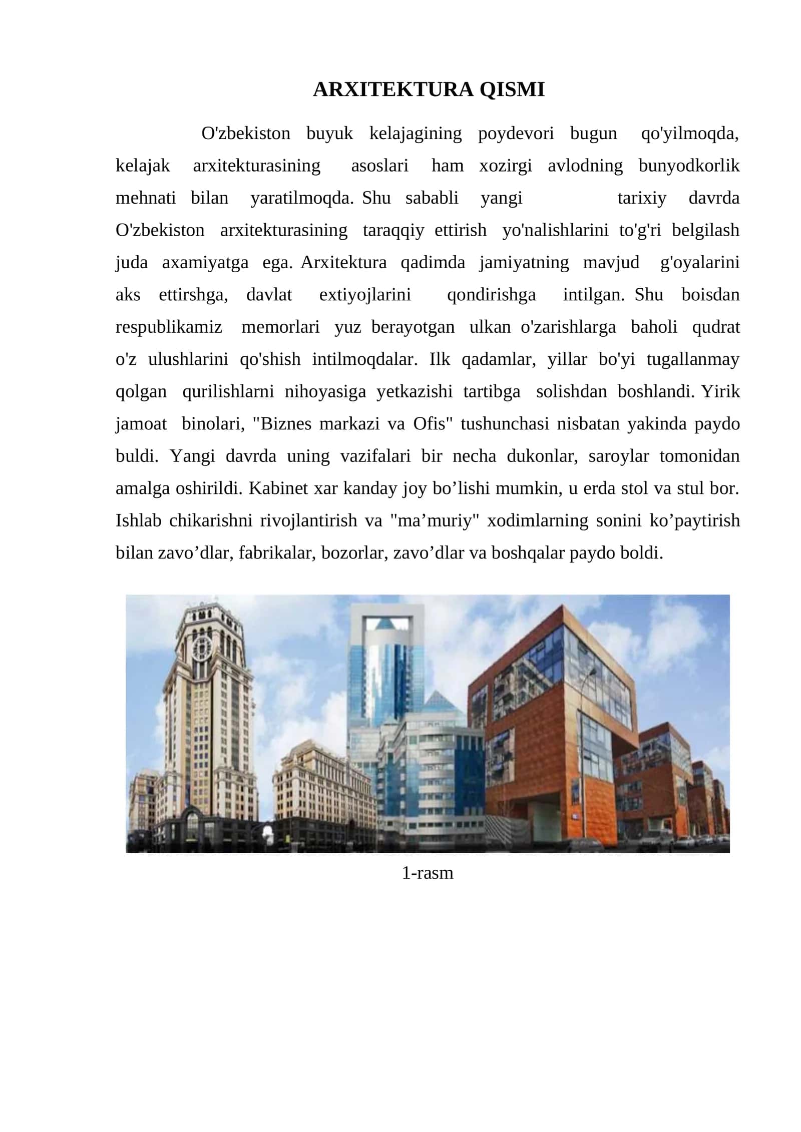 Biznes markaz binosi arxitektaviy loyihasi Tushuntirish xati. Пояснительная записка