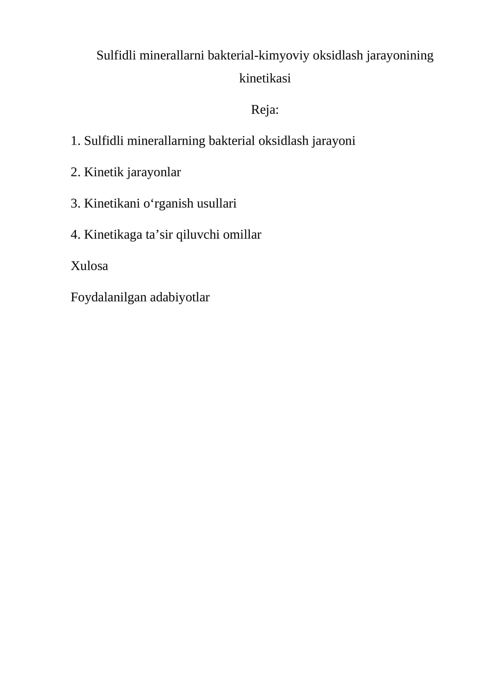Sulfidli minerallarni bakterial-kimyoviy oksidlash jarayonining kinetikasi