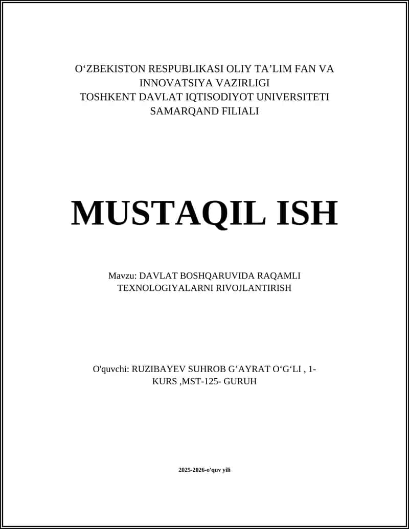 DAVLAT BOSHQARUVIDA RAQAMLI TEXNOLOGIYALARNI RIVOJLANTIRISH