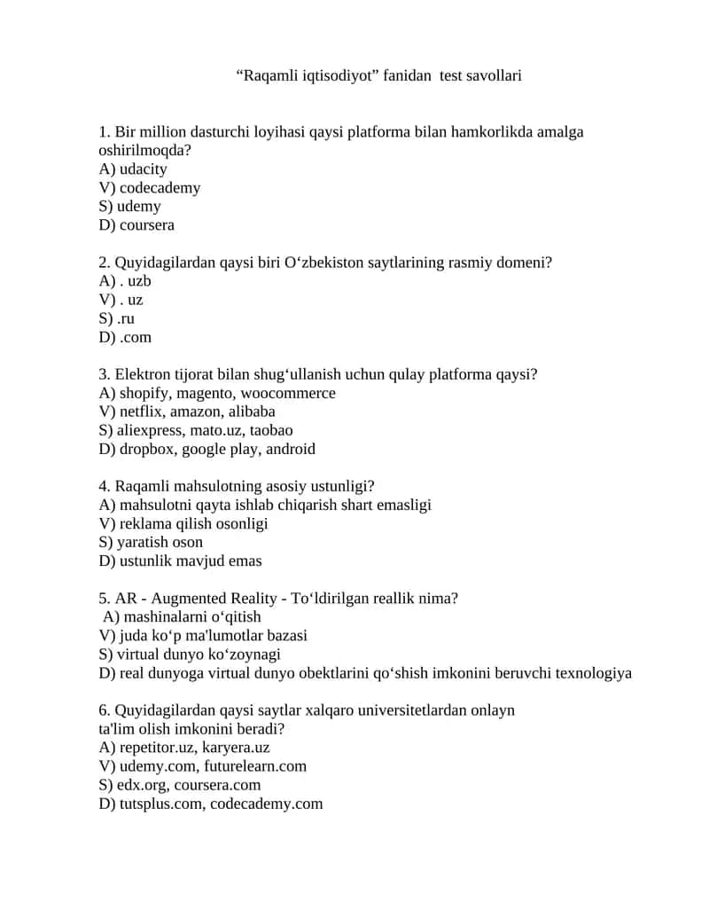 Raqamli iqtisodiyot fanidan yakuniy test savollari