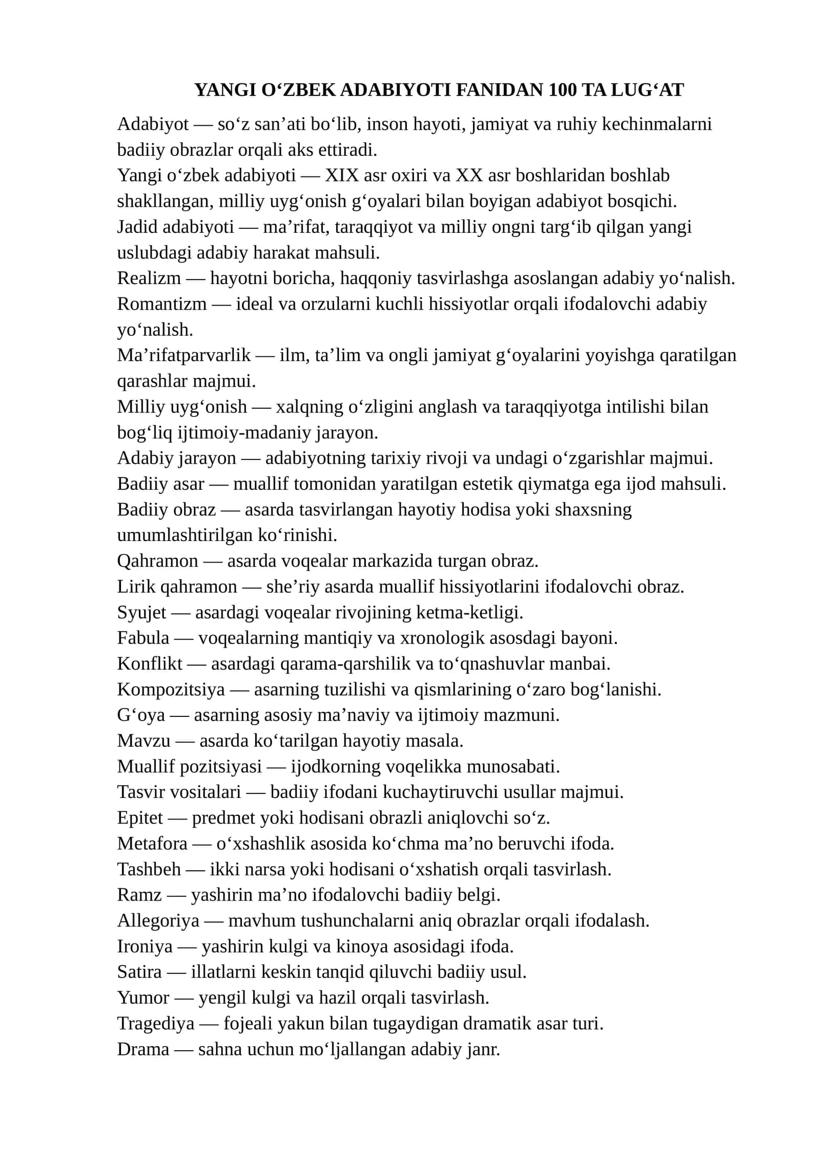 YANGI O‘ZBEK ADABIYOTIDAN 100 TA LUG‘AT