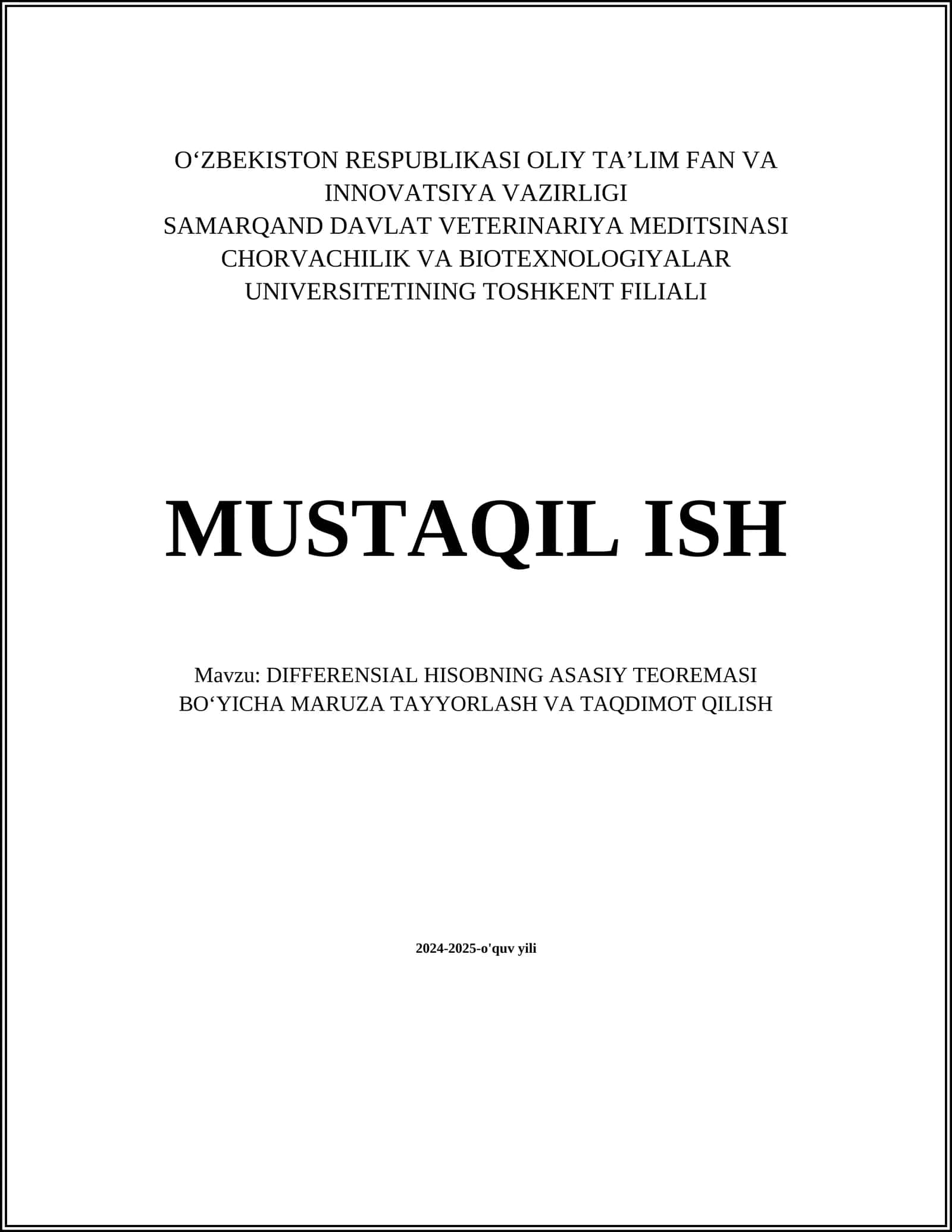 DIFFERENSIAL HISOBNING ASASIY TEOREMASI BOʻYICHA MARUZA TAYYORLASH VA TAQDIMOT QILISH