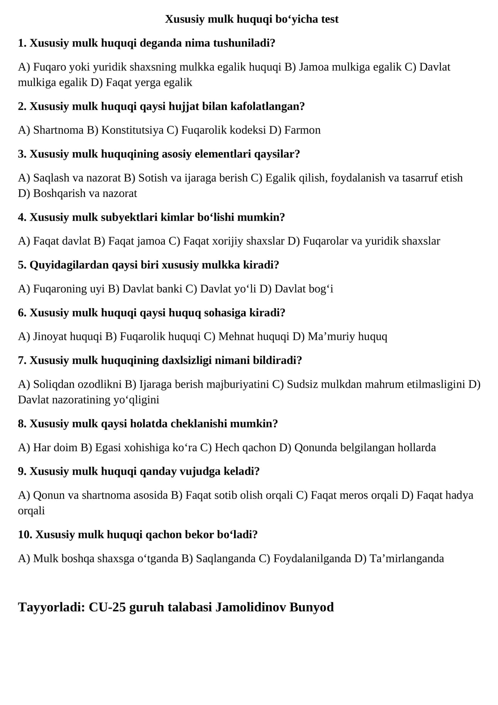 Xususiy mulk huquqi bo‘yicha test