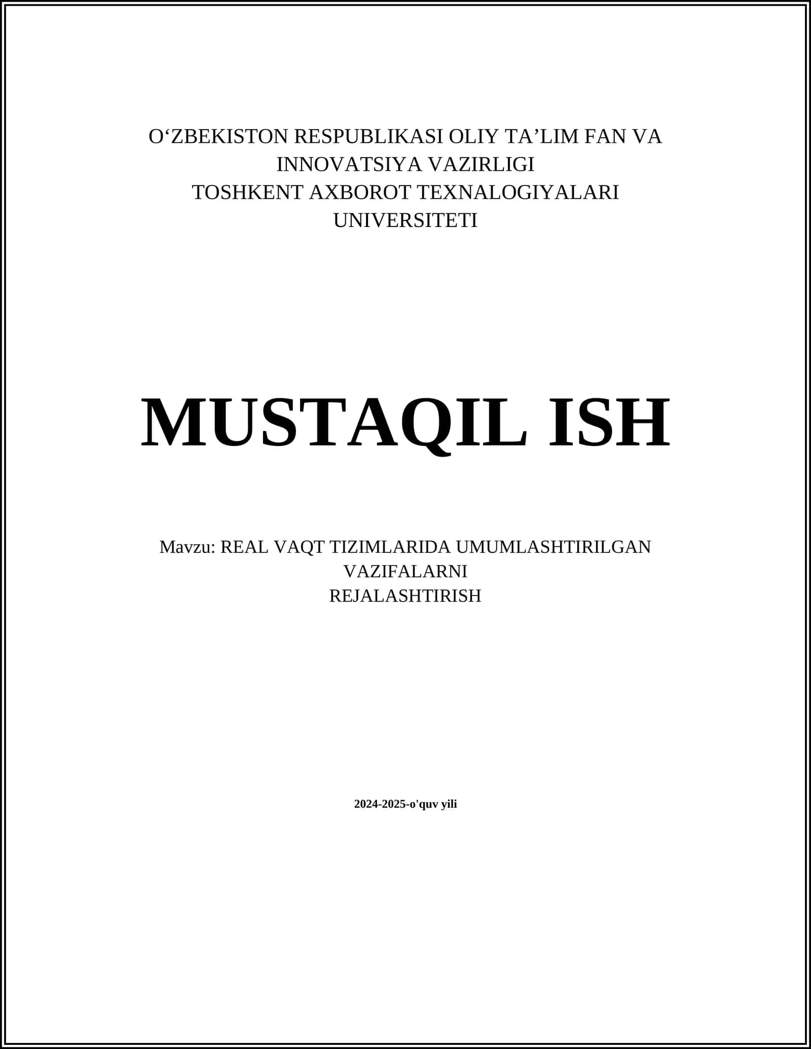 REAL VAQT TIZIMLARIDA UMUMLASHTIRILGAN VAZIFALARNI REJALASHTIRISH
