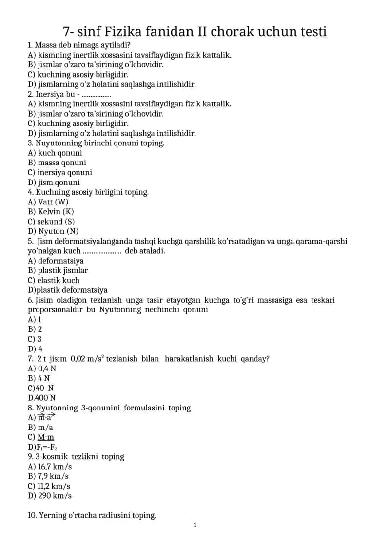 7- sinf Fizika fanidan II chorak uchun testi
