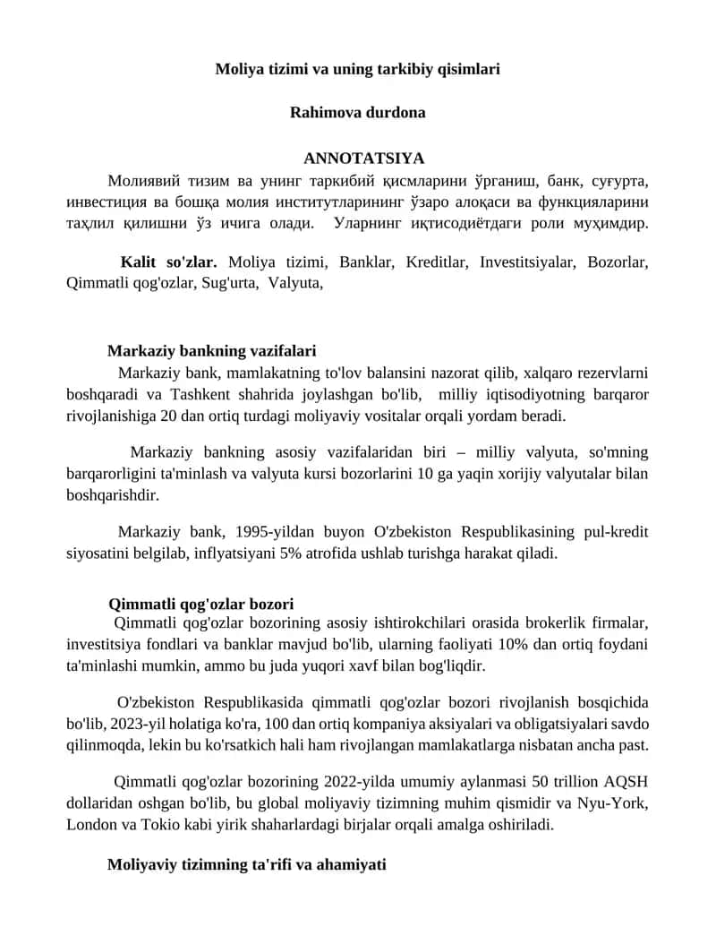 Moliya tizimi va uning tarkibiy qisimlari