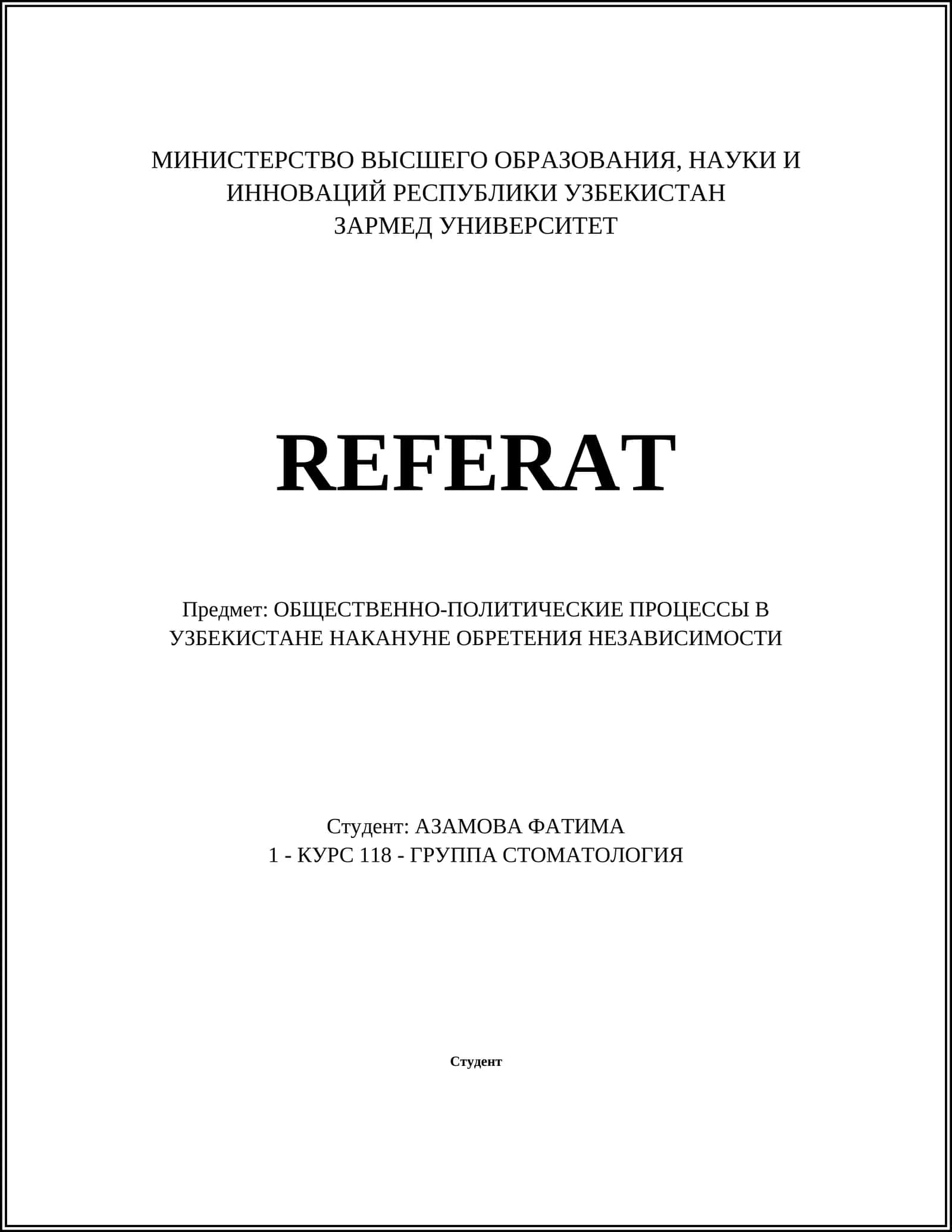 REFERAT ОБЩЕСТВЕННО-ПОЛИТИЧЕСКИЕ ПРОЦЕССЫ В УЗБЕКИСТАНЕ НАКАНУНЕ ОБРЕТЕНИЯ НЕЗАВИСИМОСТИ