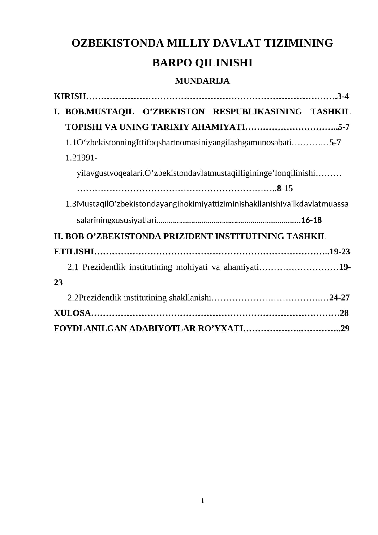 O‘zbekistonda Milliy Davlat Tizimining Barpo Qilinishi
