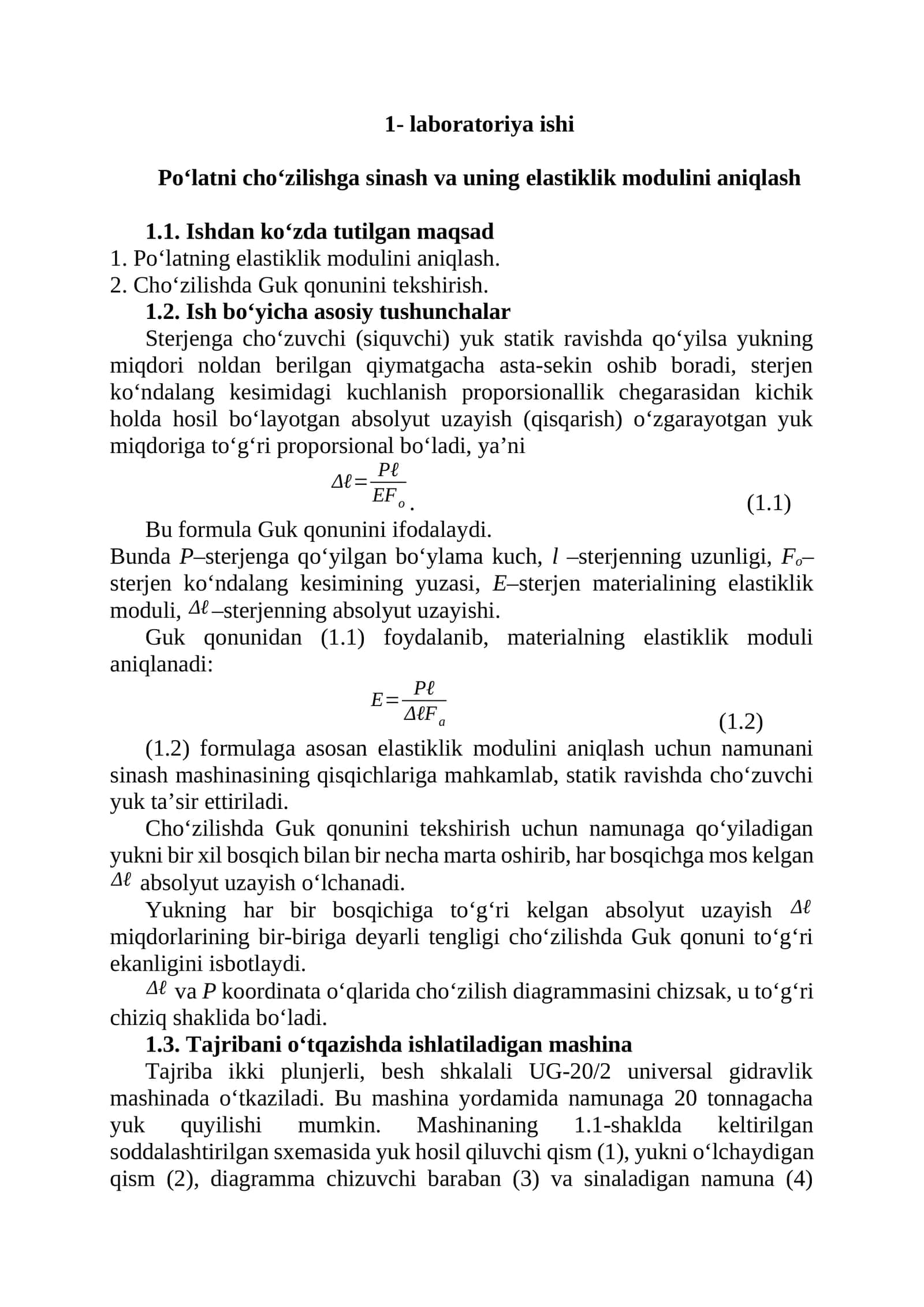 Poโlat elastiklik modulini aniqlash laboratoriya ishi