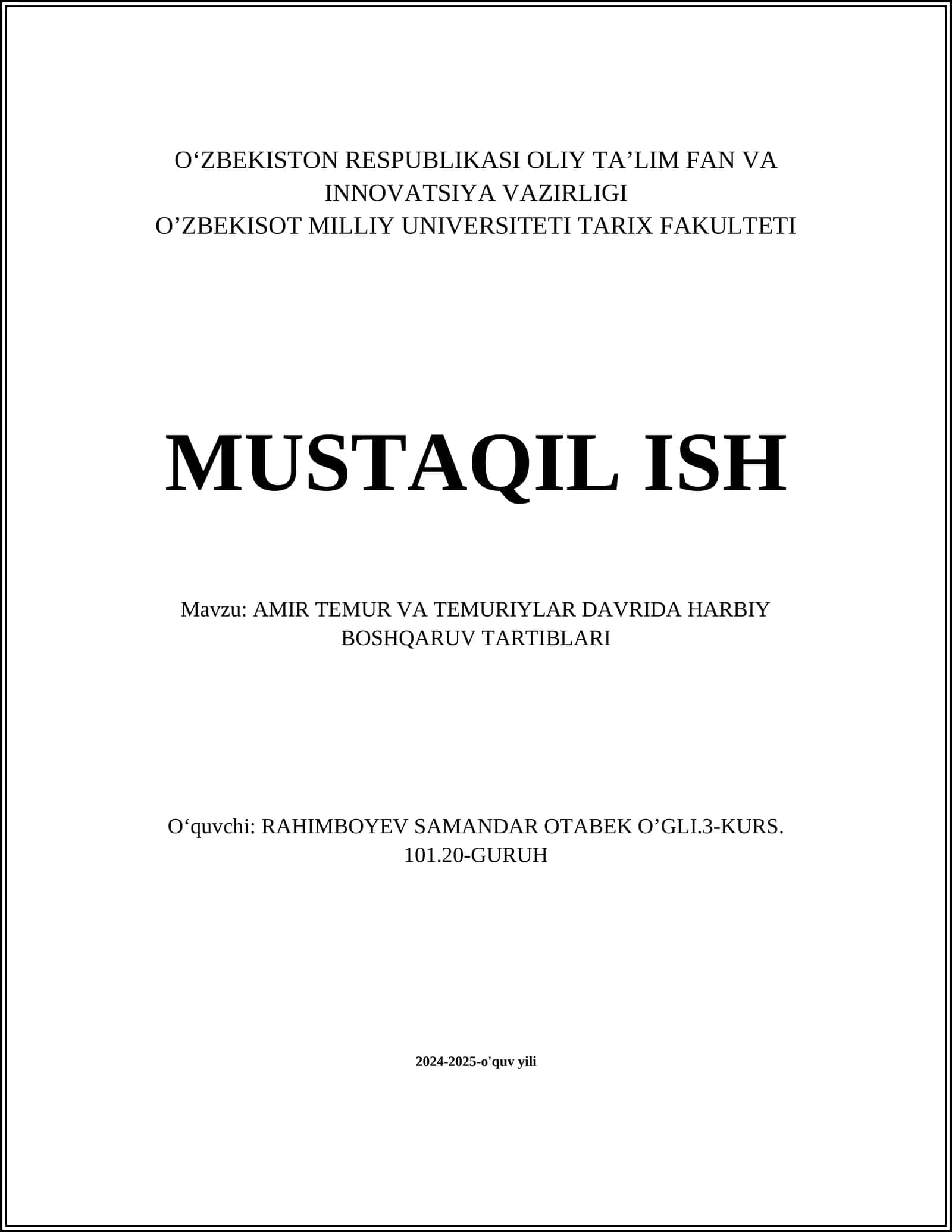 AMIR TEMUR VA TEMURIYLAR DAVRIDA HARBIY BOSHQARUV TARTIBLARI