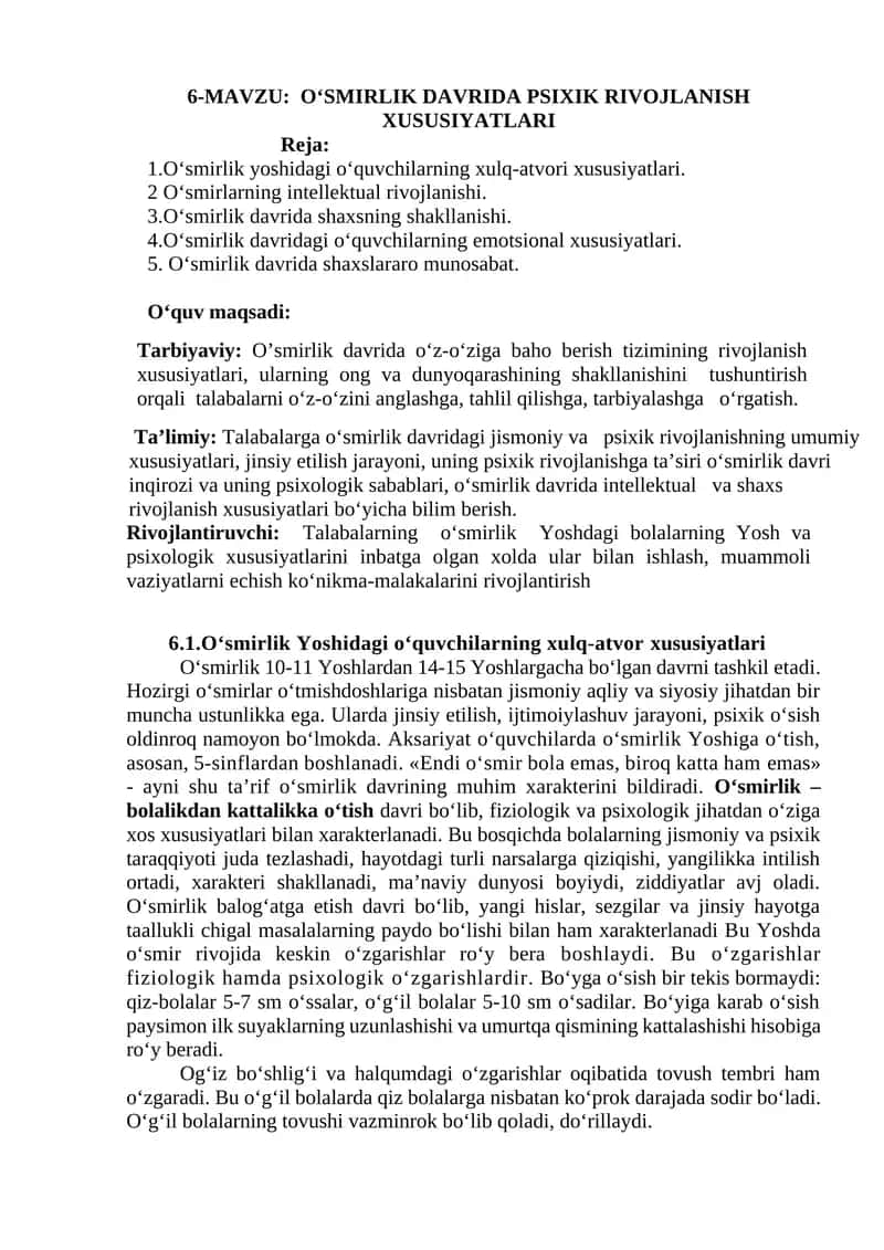 O‘SMIRLIK DAVRIDA PSIXIK RIVOJLANISH XUSUSIYATLARI