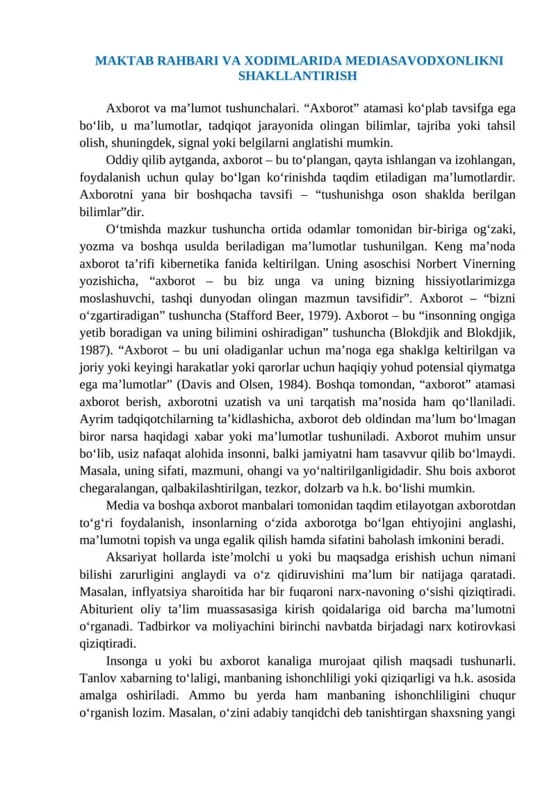MAKTAB RAHBARI VA XODIMLARIDA MEDIASAVODXONLIKNI SHAKLLANTIRISH