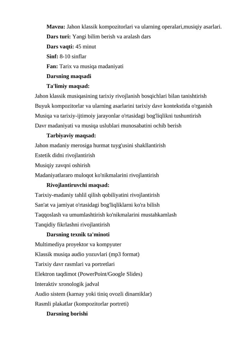 Jahon klassik kompozitorlari va ularning operalari va musiqiy asarlari