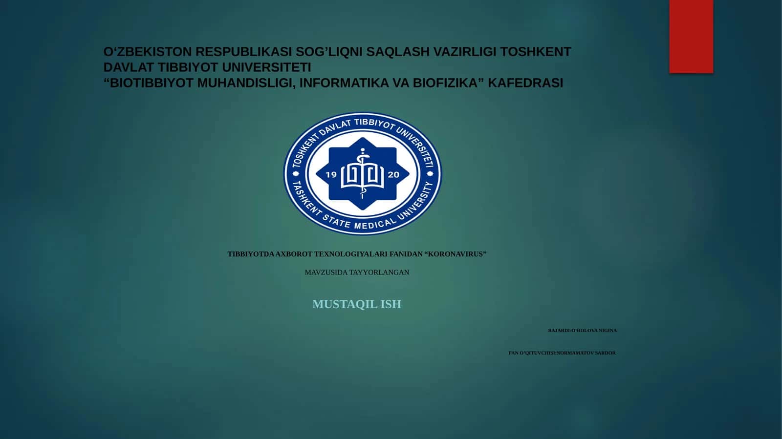 TIBBIYOTDA AXBOROT TEXNOLOGIYALARI FANIDAN“KORONAVIRUS”