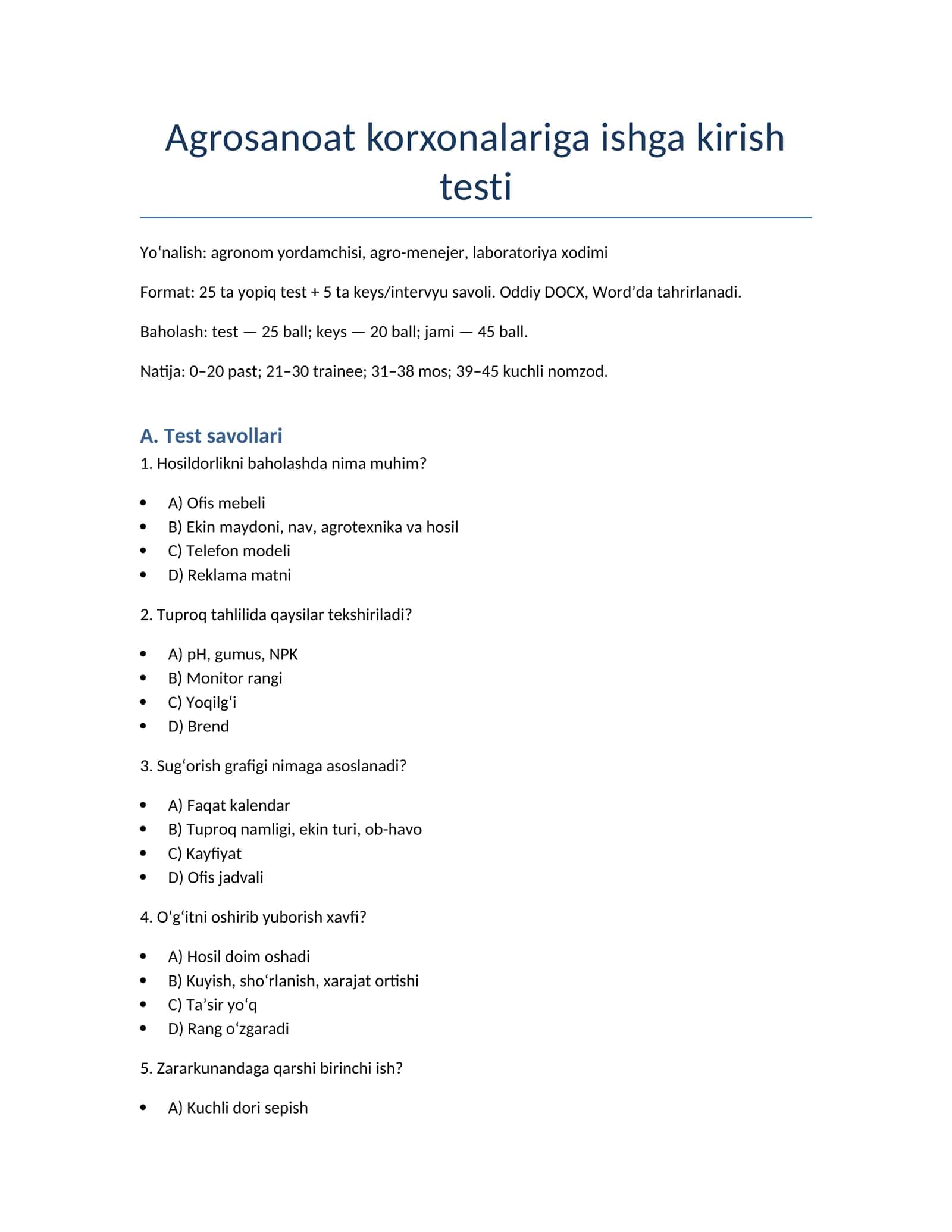 Agrosanoat korxonalariga ishga kirish testi
