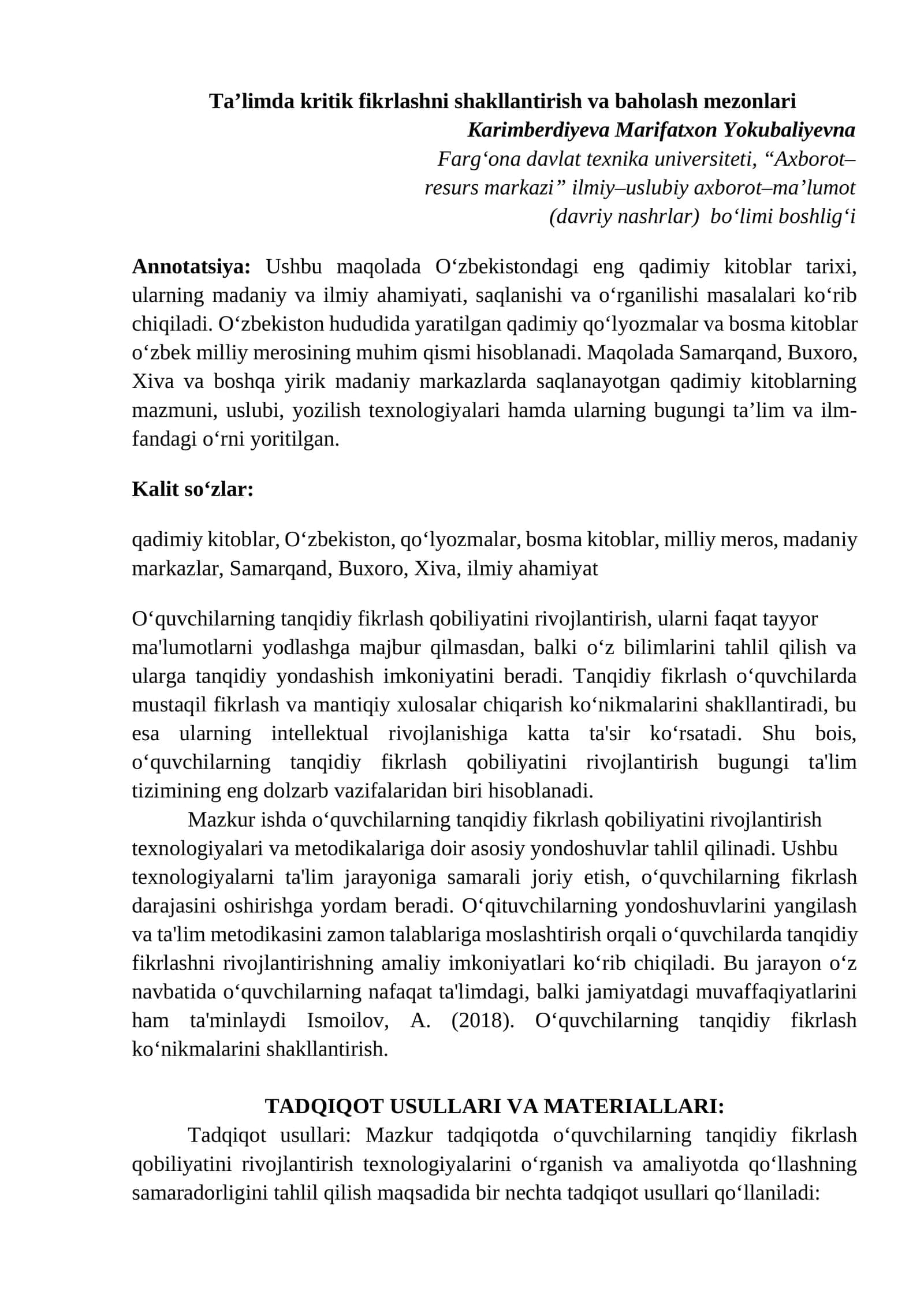 Ta’limda kritik fikrlashni shakllantirish va baholash mezonlari