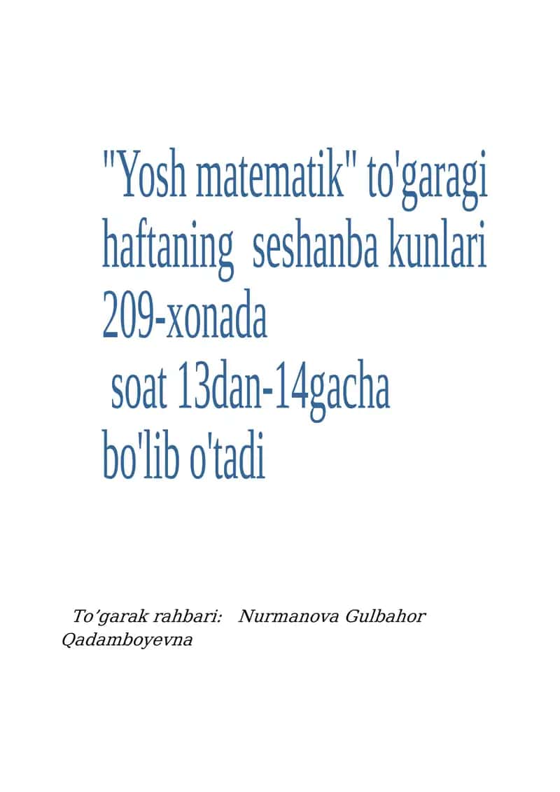 "Yosh matematiklar" to’garagi 2017-2018 o’quv yili rejasi