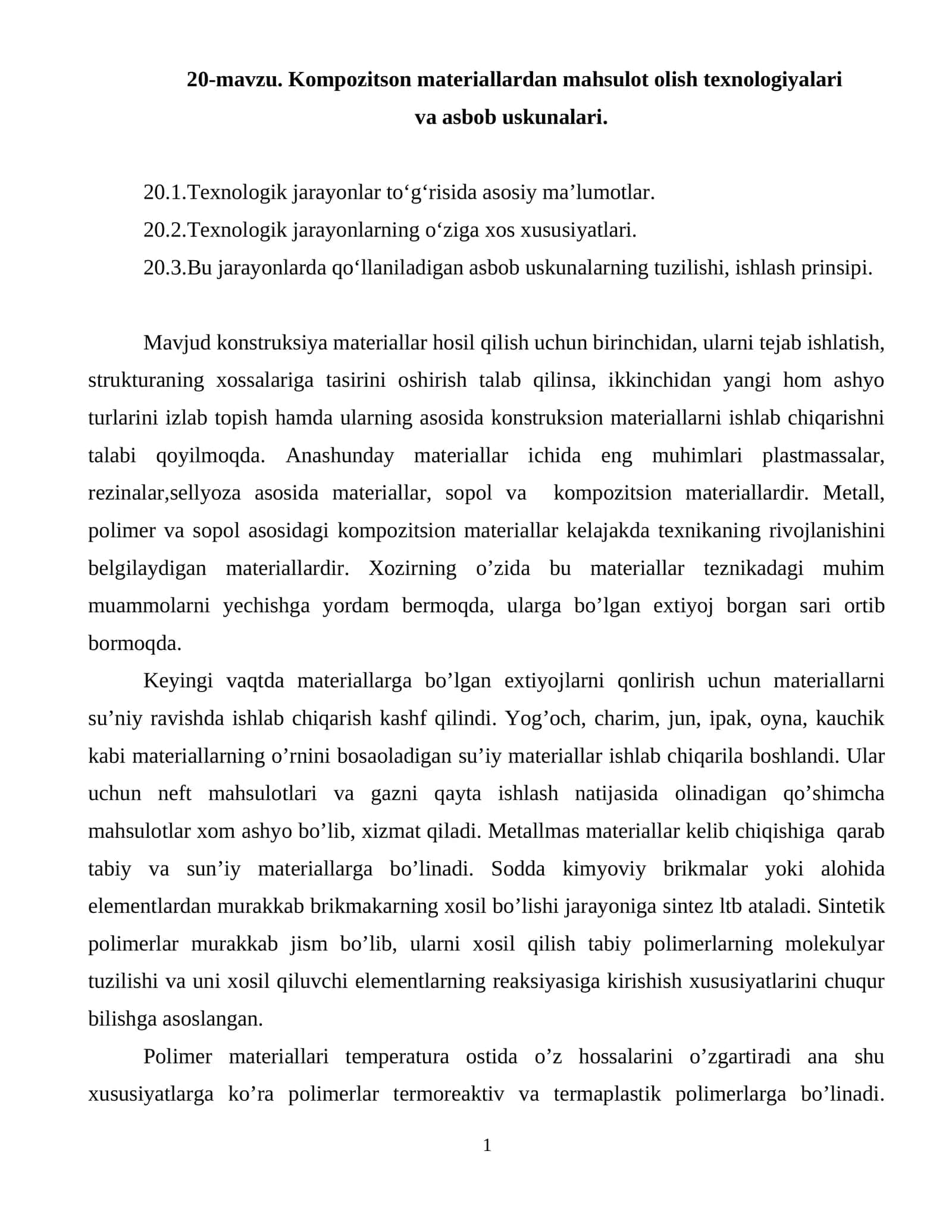 Kompozitson materiallardan mahsulot olish texnologiyalari va asbob uskunalari
