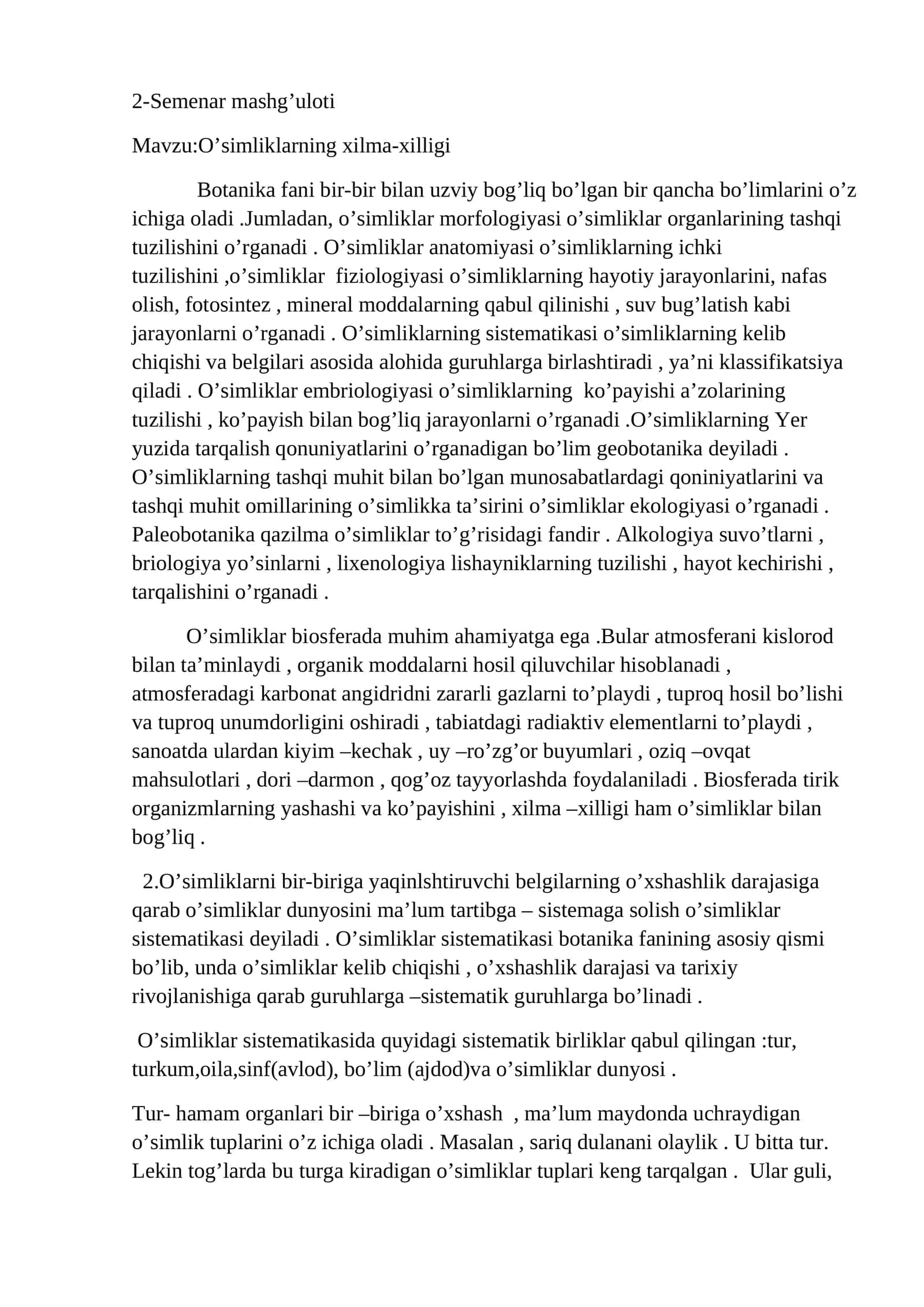 O’simliklarning xilma-xilligi