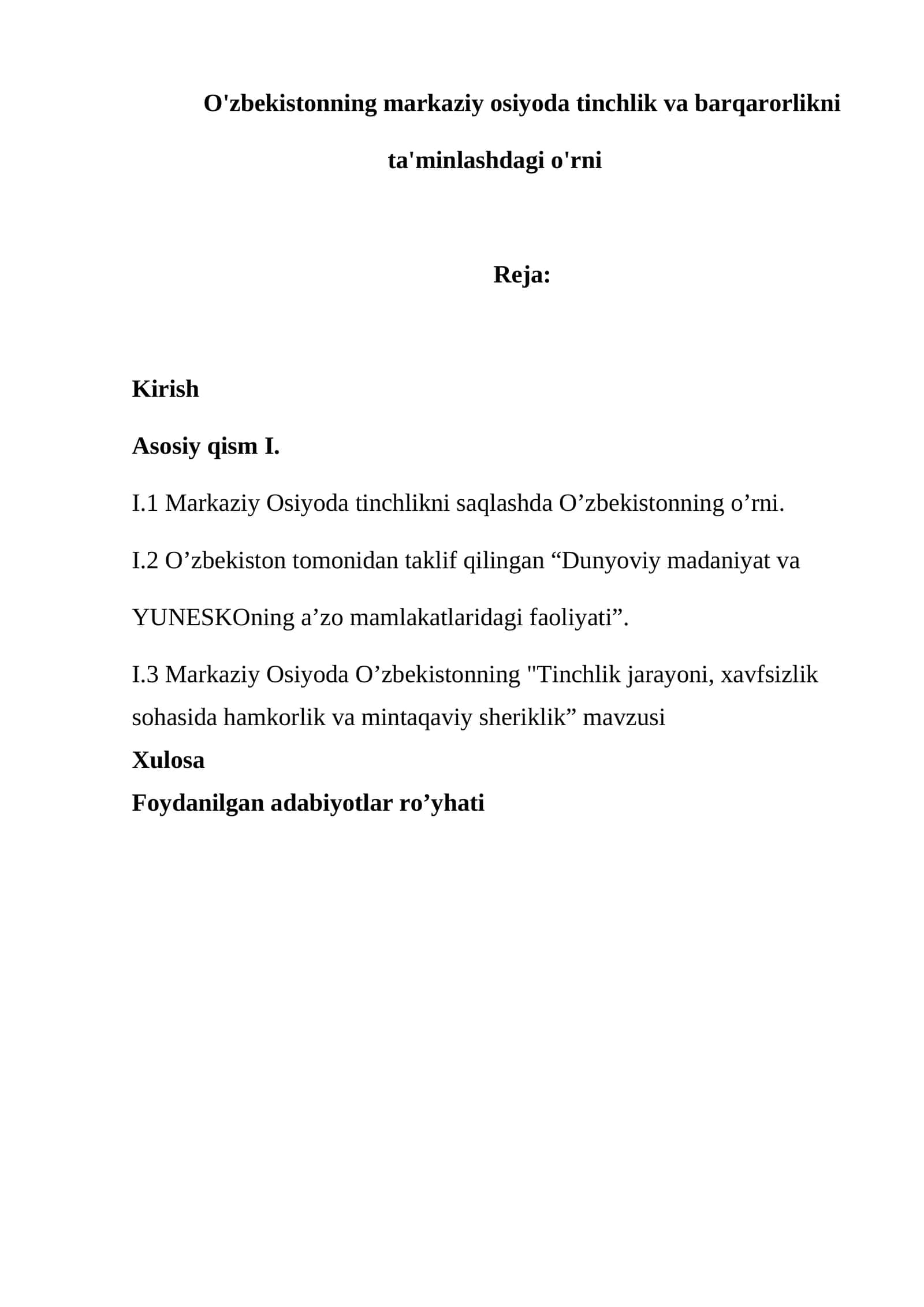 O'zbekistonning markaziy osiyoda tinchlik va barqarorlikni ta'minlashdagi o'rni