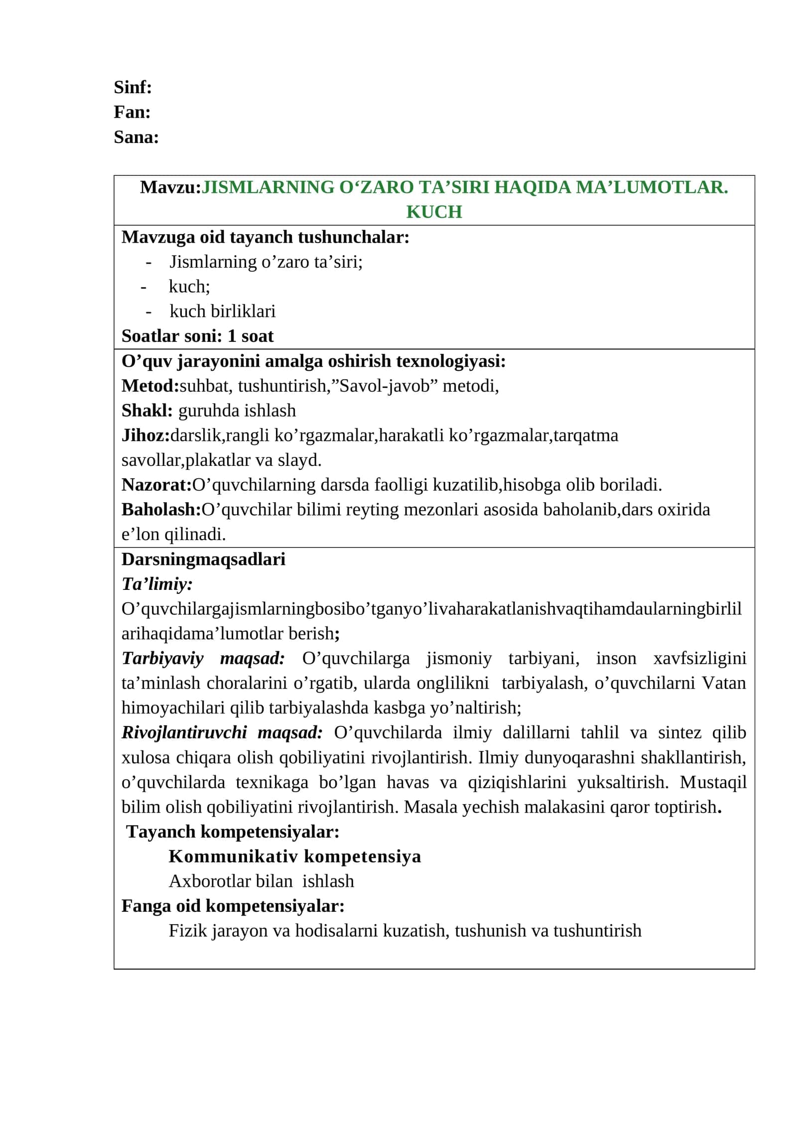 JISMLARNING O‘ZARO TA’SIRI HAQIDA MA’LUMOTLAR. KUCH