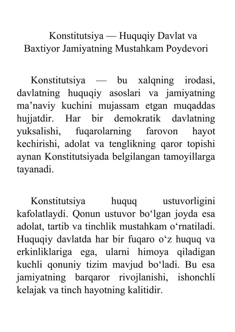 Konstitutsiya — Huquqiy Davlat va Baxtiyor Jamiyatning Mustahkam Poydevori