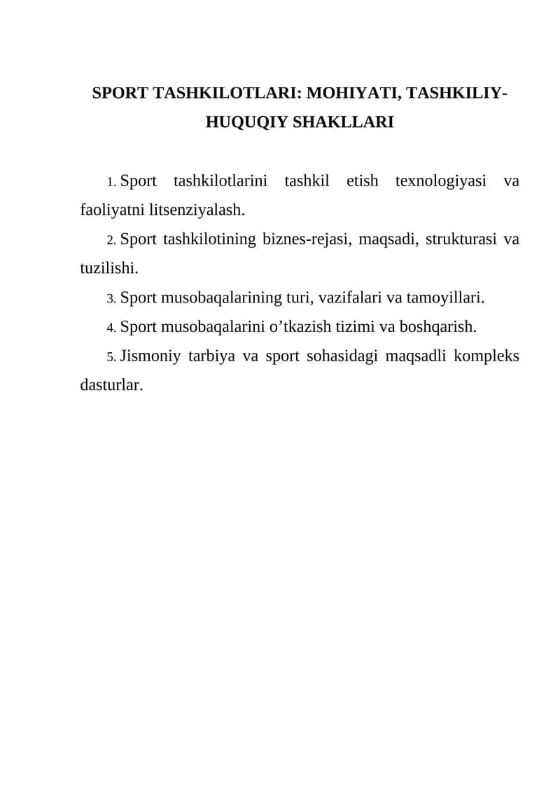 SPORT TASHKILOTLARI: MOHIYATI, TASHKILIY-HUQUQIY SHAKLLARI