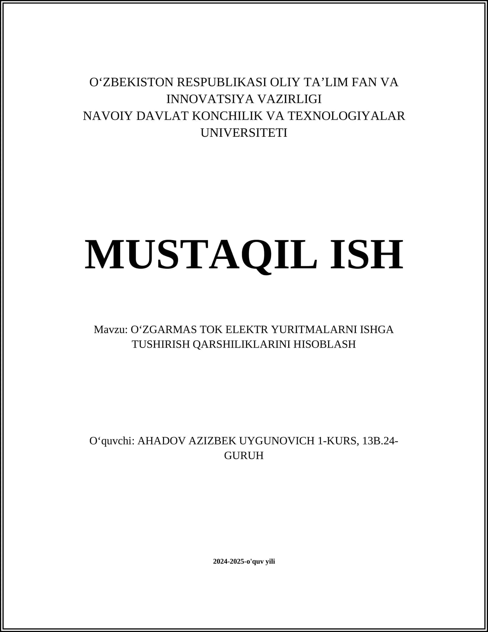 O‘ZGARMAS TOK ELEKTR YURITMALARNI ISHGA TUSHIRISH QARSHILIKLARINI HISOBLASH