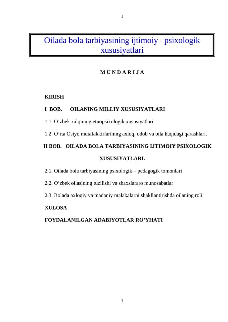 Oilada bola tarbiyasining ijtimoiy –psixologik xususiyatlari